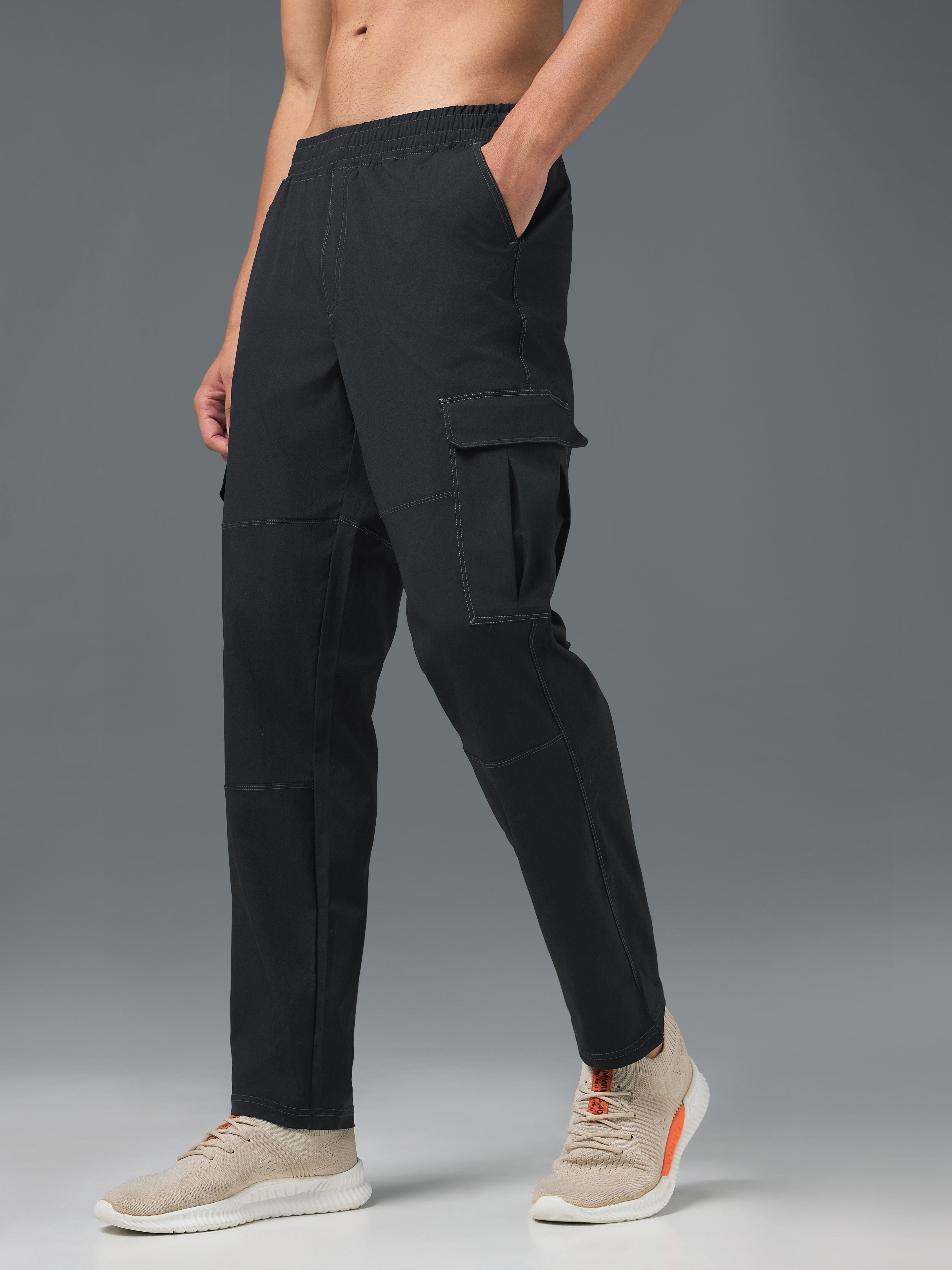 Men Solid Straight Fit Sports Cargo Trackpants with TS FLEXI