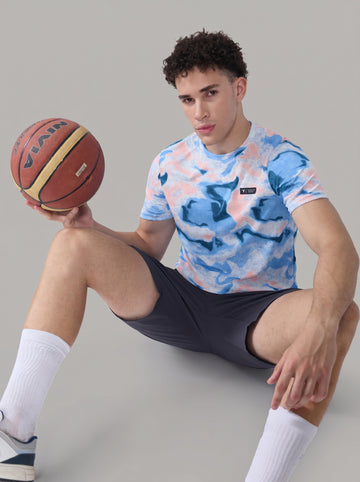 Men Abstract Print Slim Fit Crew Neck T-shirt with TECHNO COOL+