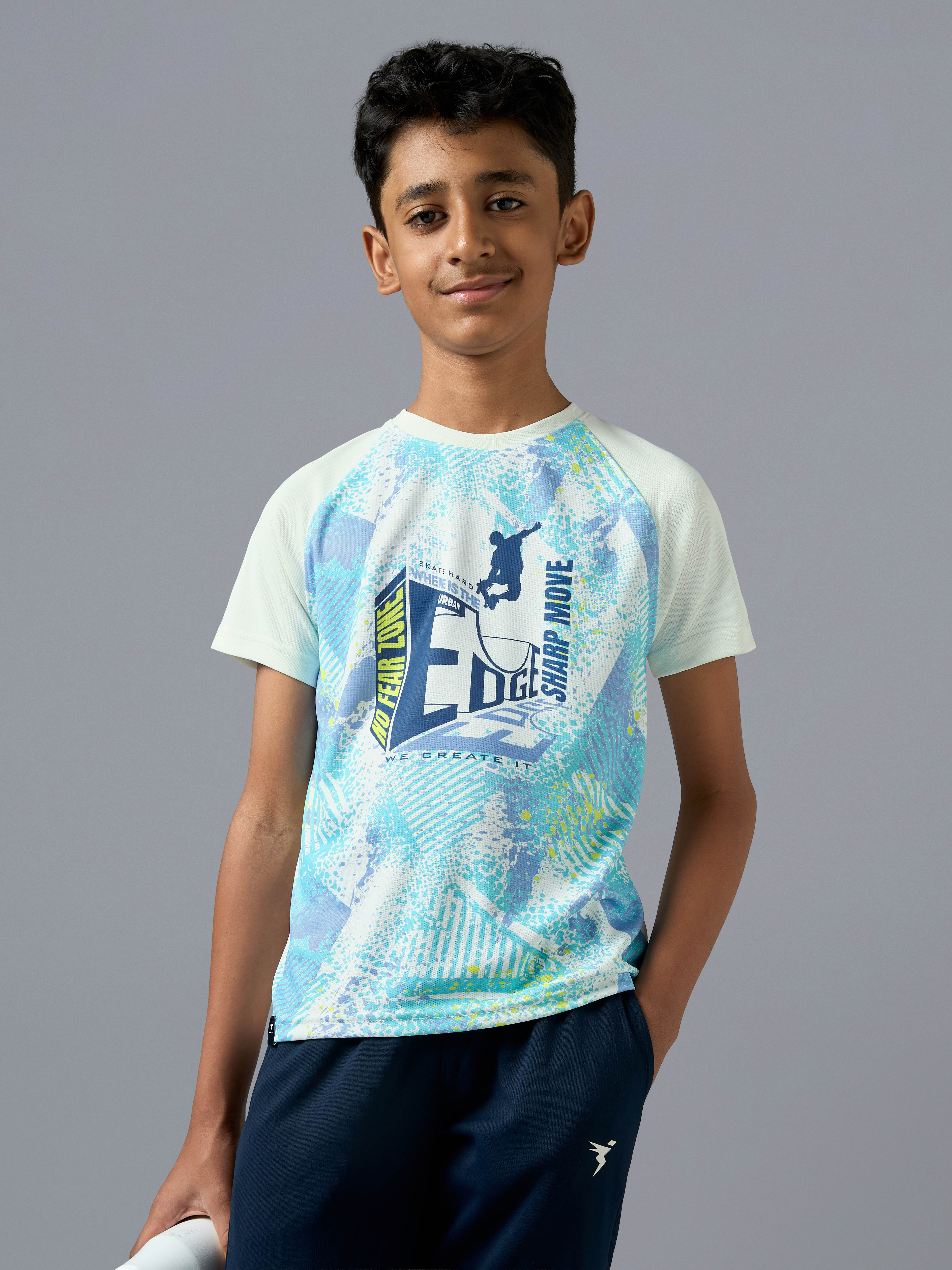 Boys Printed Slim Fit Crew Neck T-shirt with TECHNOLITE