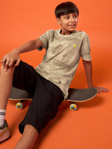 Boys Self Design Slim Fit Crew Neck T-shirt with DOUBLE COOL