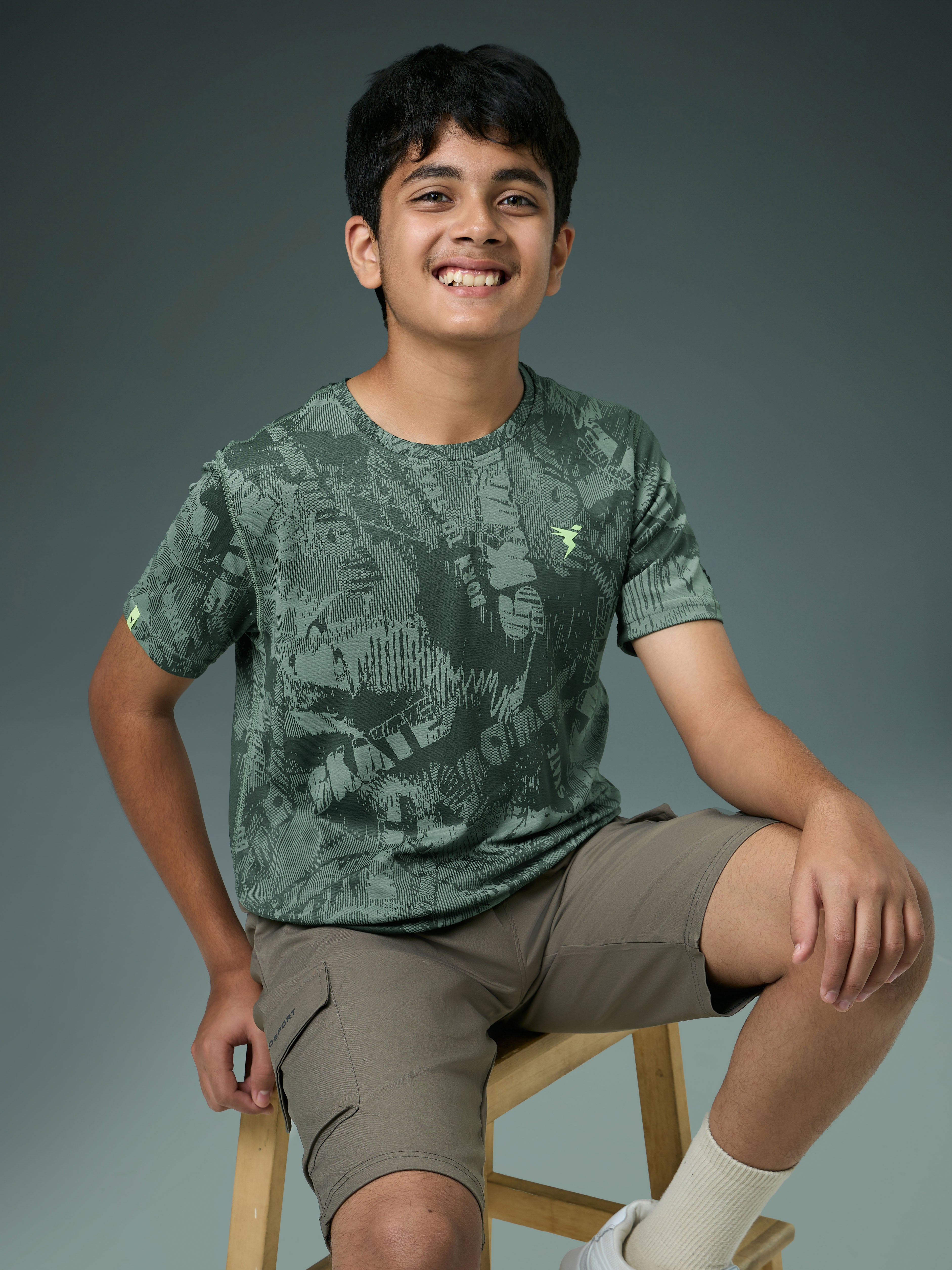 Boys Self Design Slim Fit Crew Neck T-shirt with DOUBLE COOL