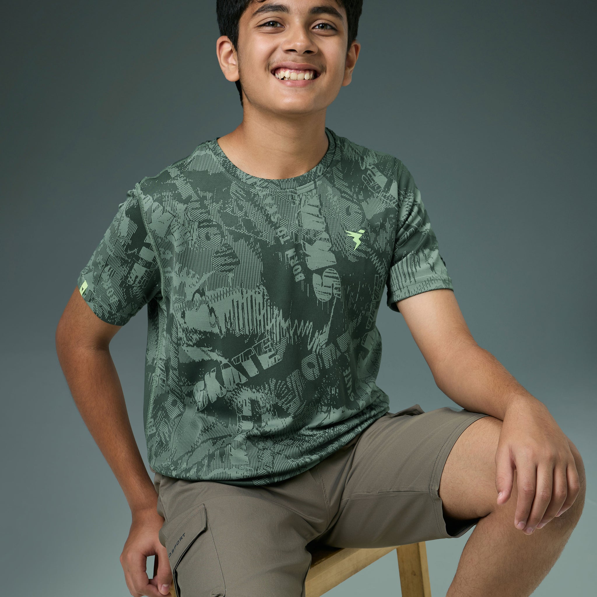 Boys Self Design Slim Fit Crew Neck T-shirt with DOUBLE COOL