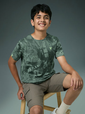 Boys Self Design Slim Fit Crew Neck T-shirt with DOUBLE COOL