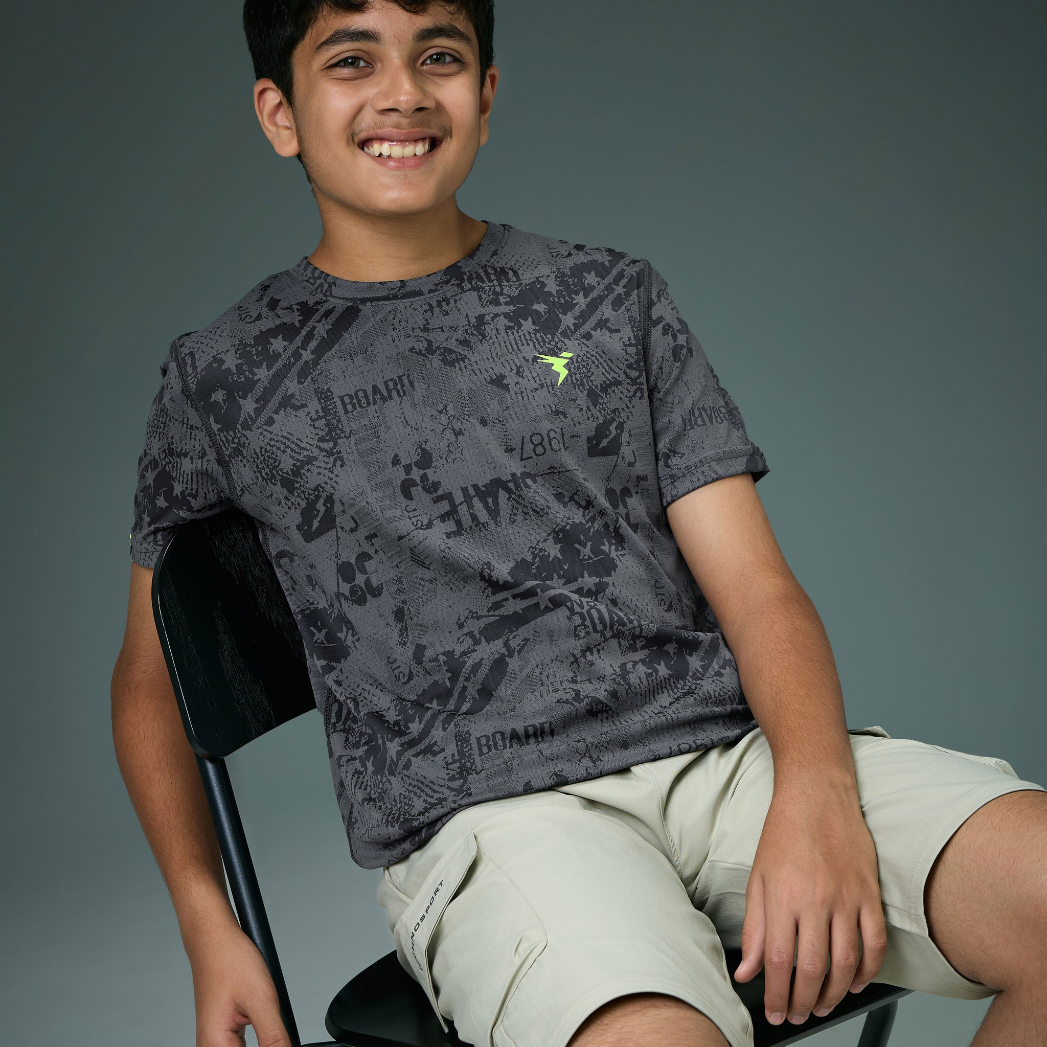 Boys Self Design Slim Fit Crew Neck T-shirt with DOUBLE COOL