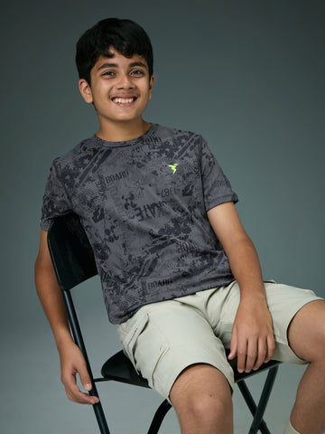 Boys Self Design Slim Fit Crew Neck T-shirt with DOUBLE COOL