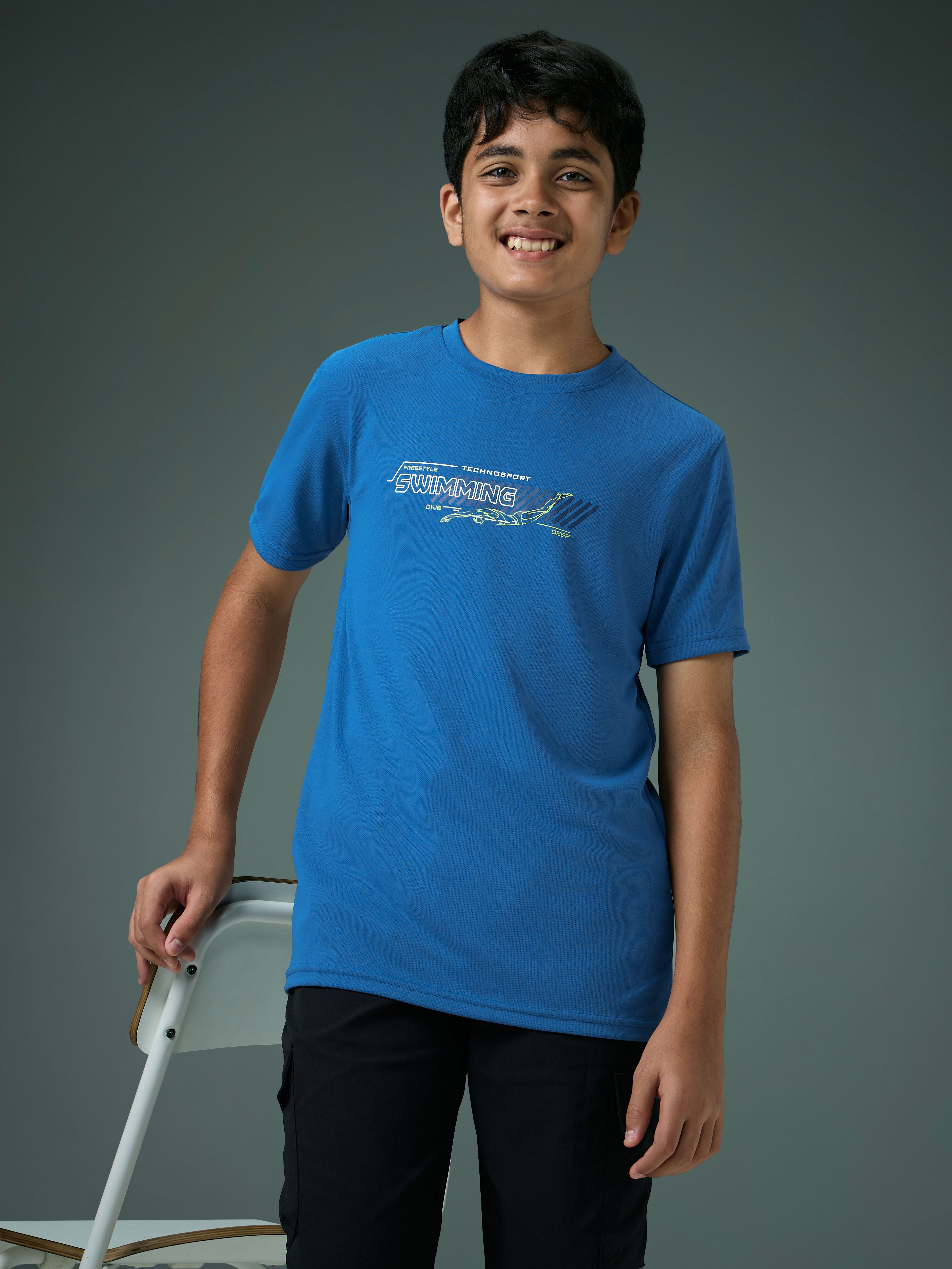 Boys Printed Slim Fit Round Neck Sports T-shirt with TECHNOCOOL+