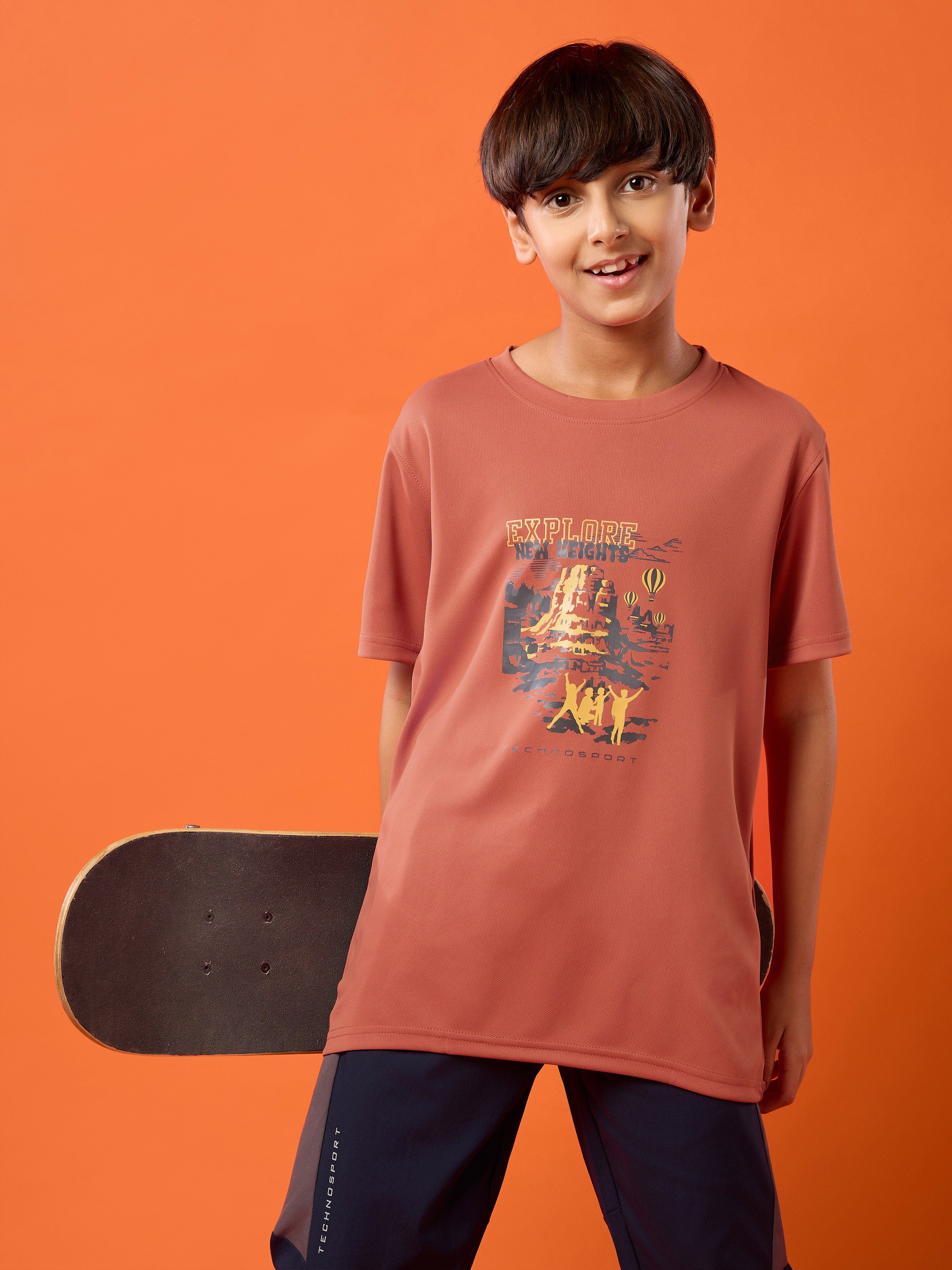 Boys Printed Slim Fit Round Neck Sports T-shirt with TECHNOCOOL+