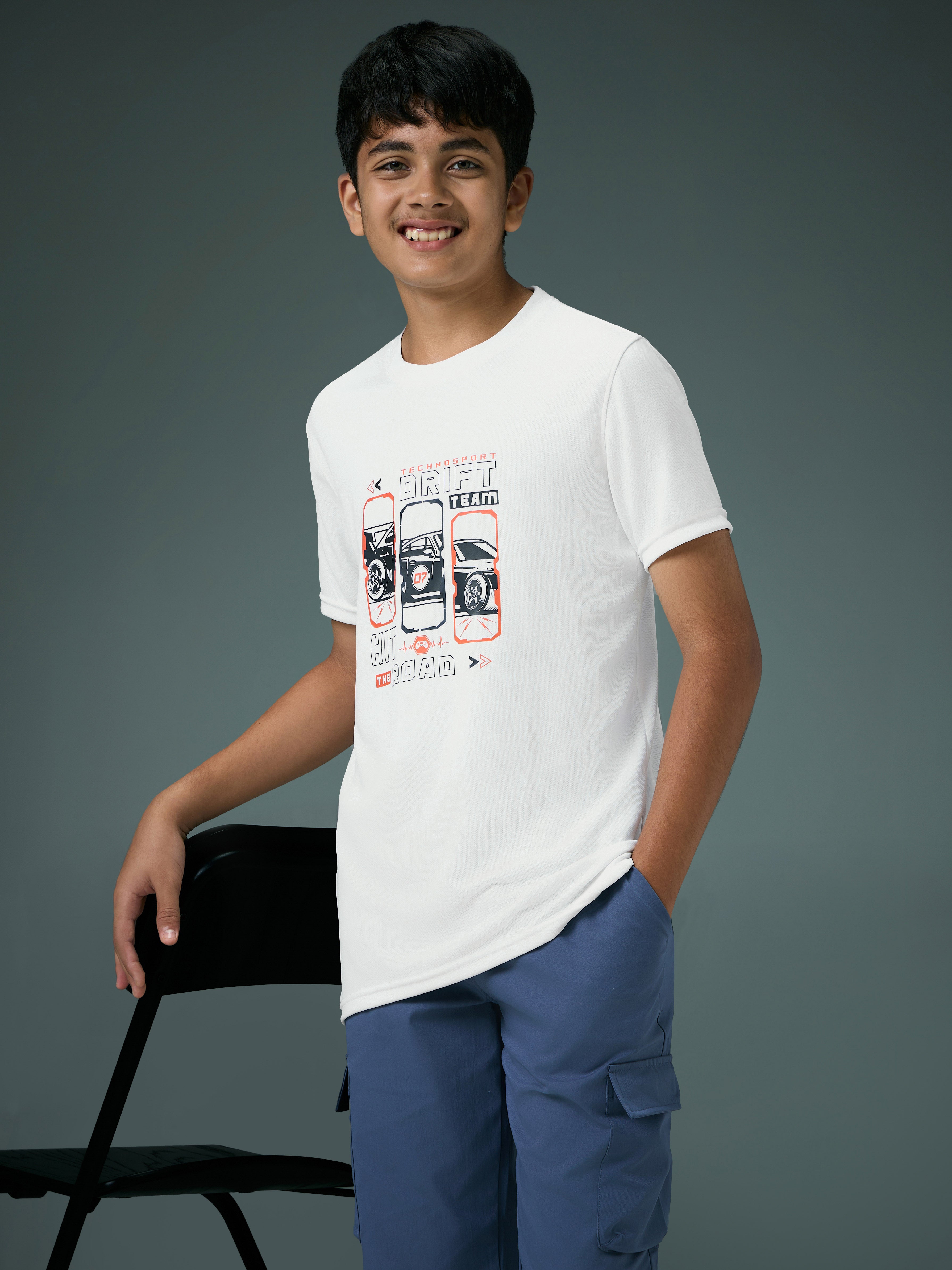 Boys Printed Slim Fit Round Neck Sports T-shirt with TECHNOCOOL+