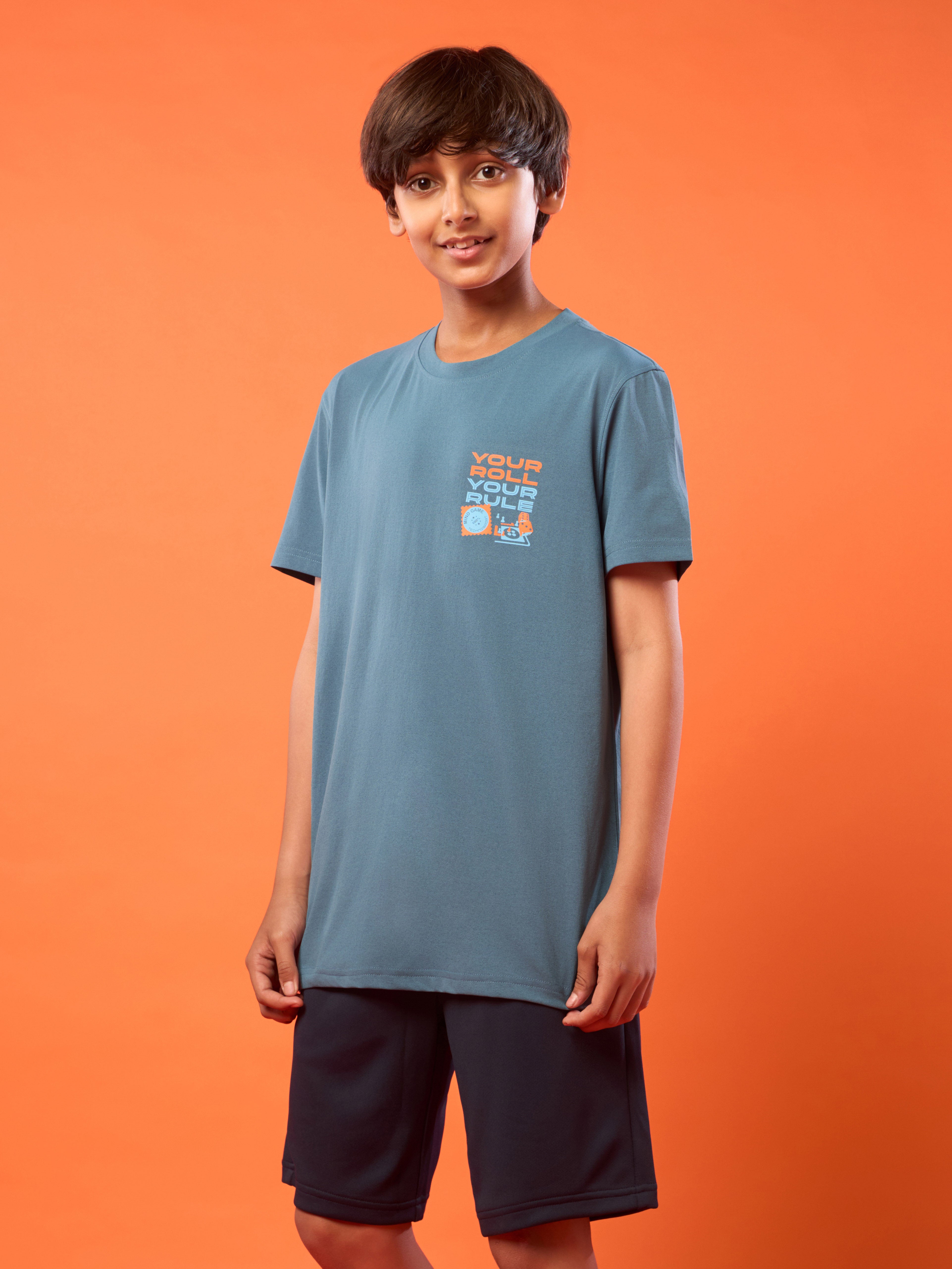 Boys Printed Slim Fit Round Neck Sports T-shirt with COTFLEX
