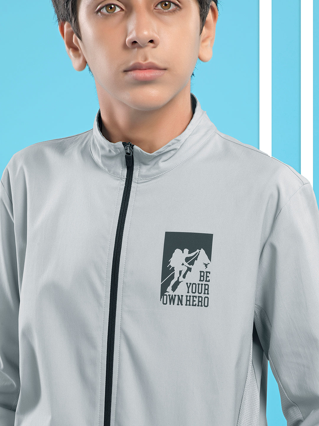 Boys Colorblock Slim Fit Mock Neck Sports Jacket with TS FLEXI