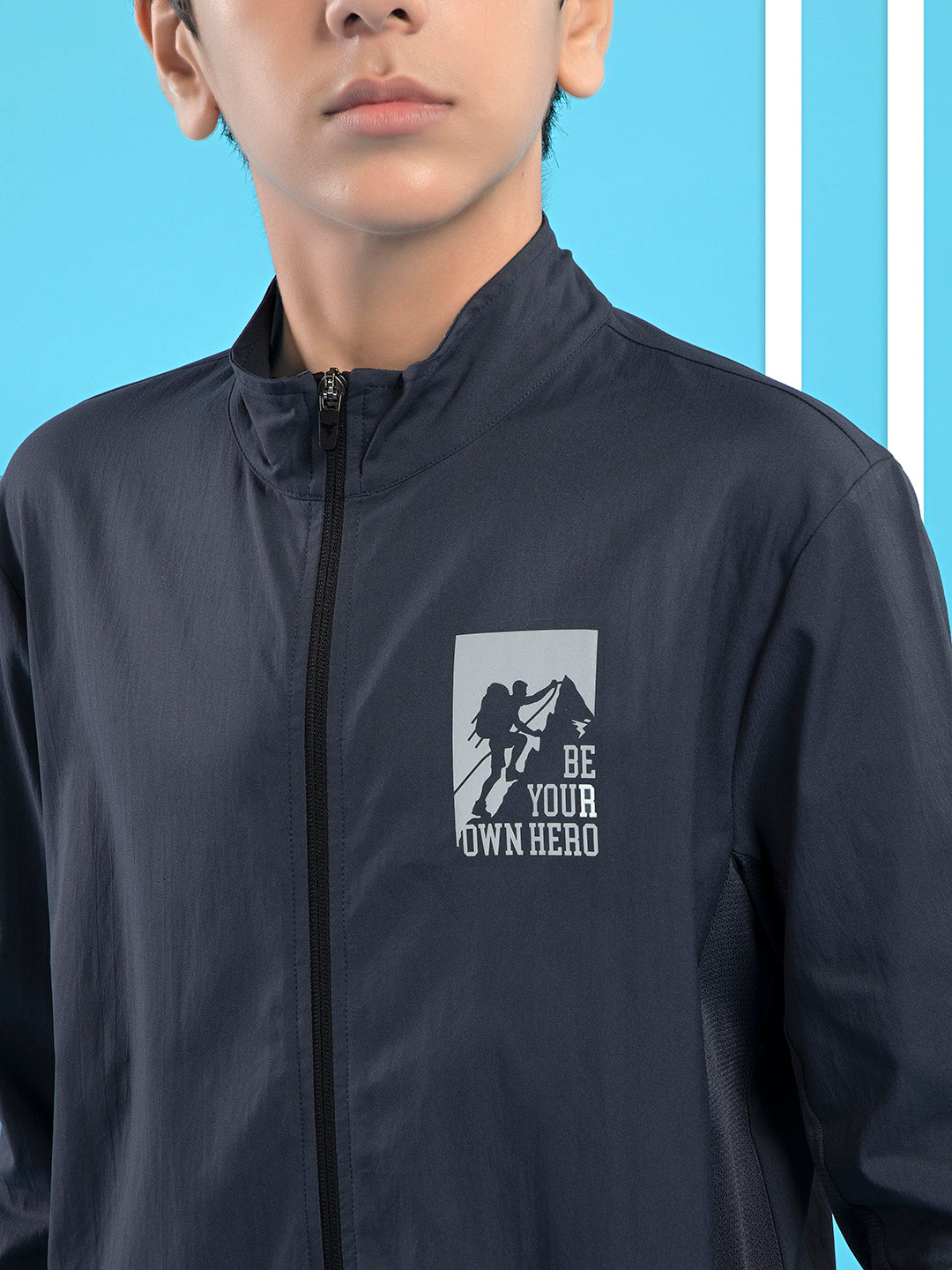 Boys Colorblock Slim Fit Mock Neck Sports Jacket with TS FLEXI