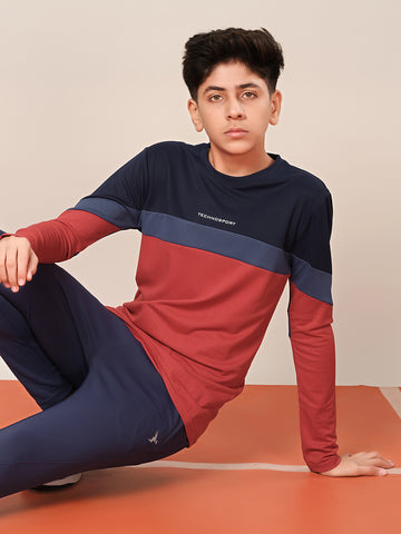 Boys Colorblock Slim Fit Round Neck Sports T-shirt with TECHNO DRY
