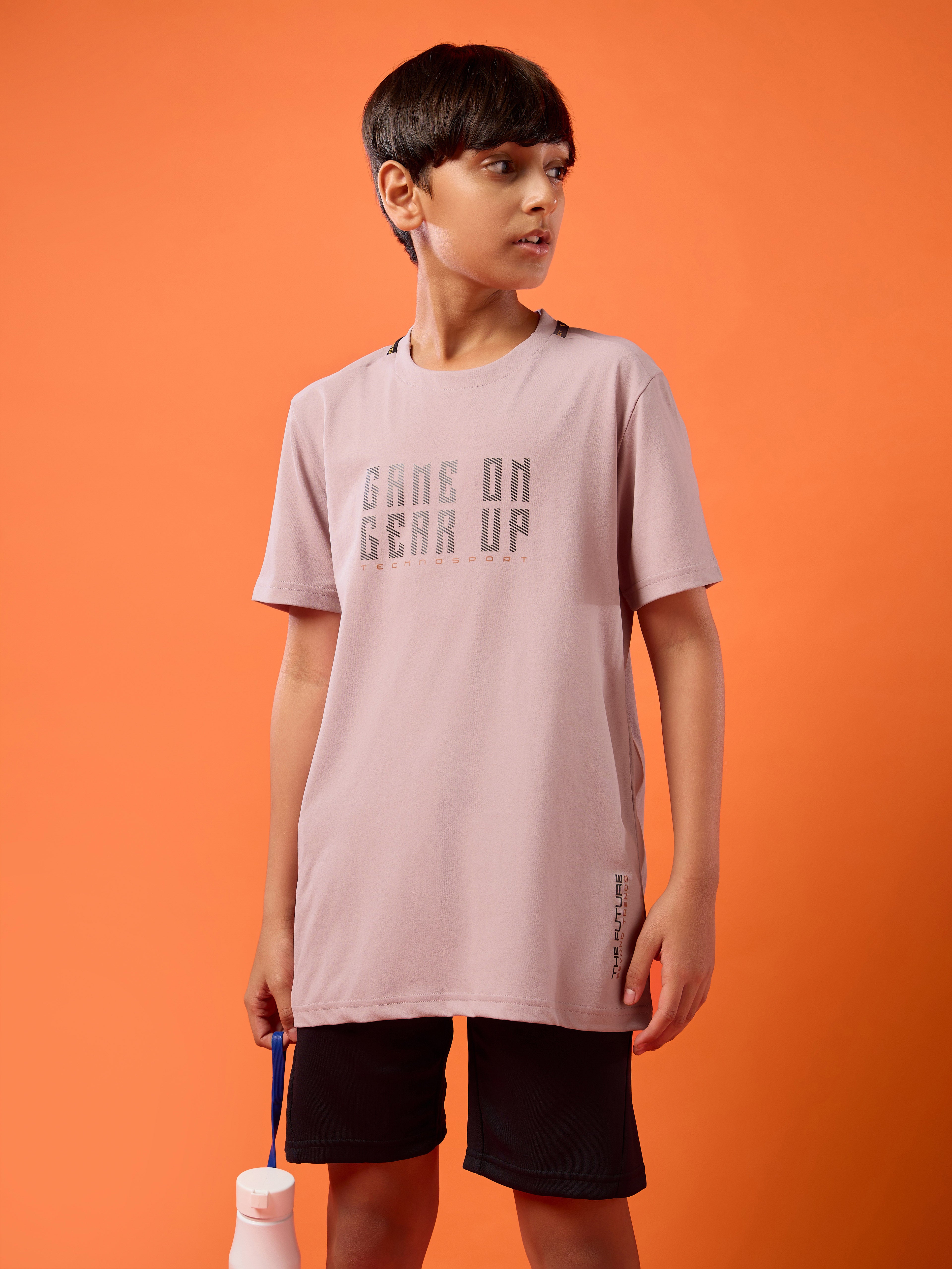 Boys Slim Fit Typography Printed Round Neck Sports T-shirt with COTFLEX