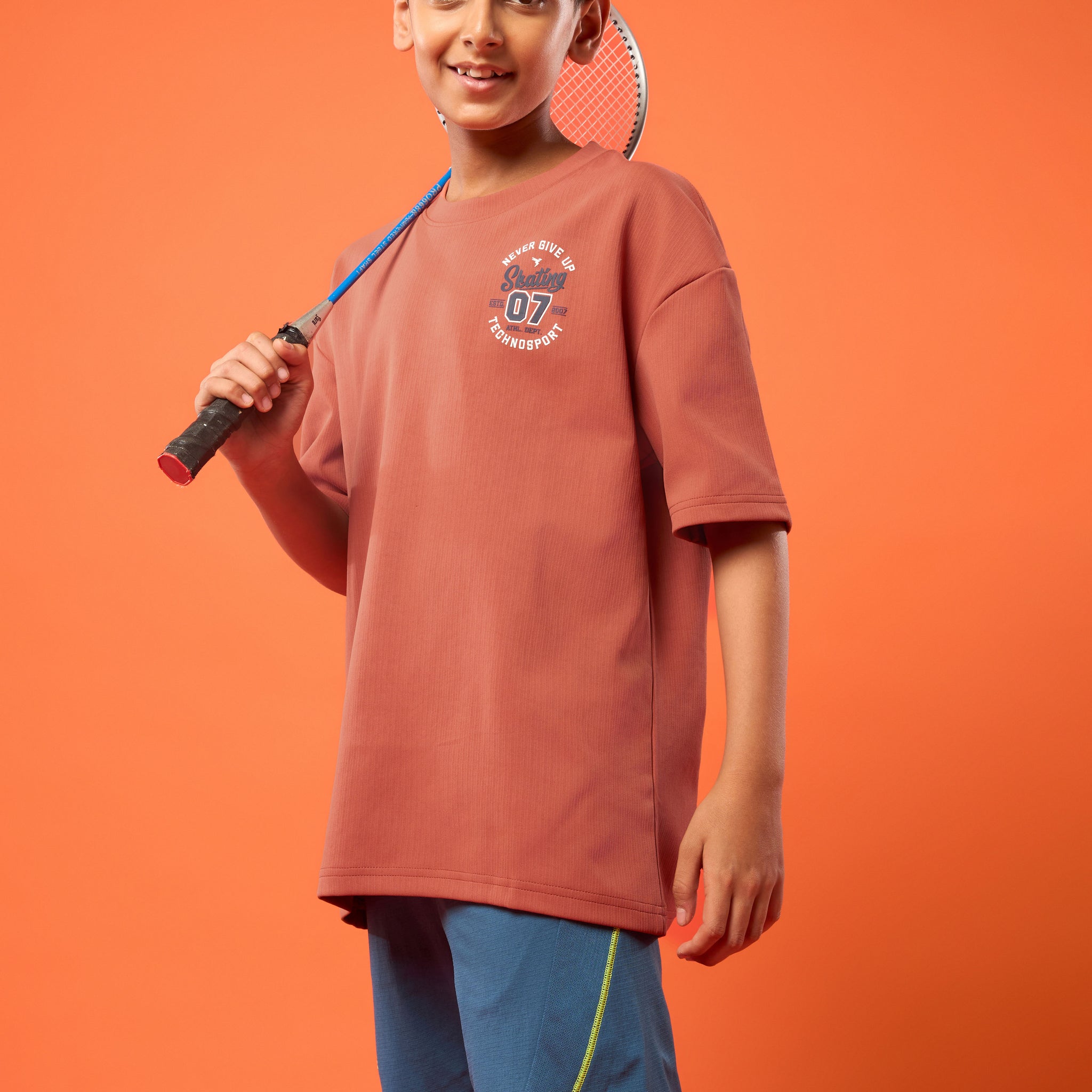 Boys Oversized Printed Round Neck Sports T-shirt Slim Fit with ELASOPLUS