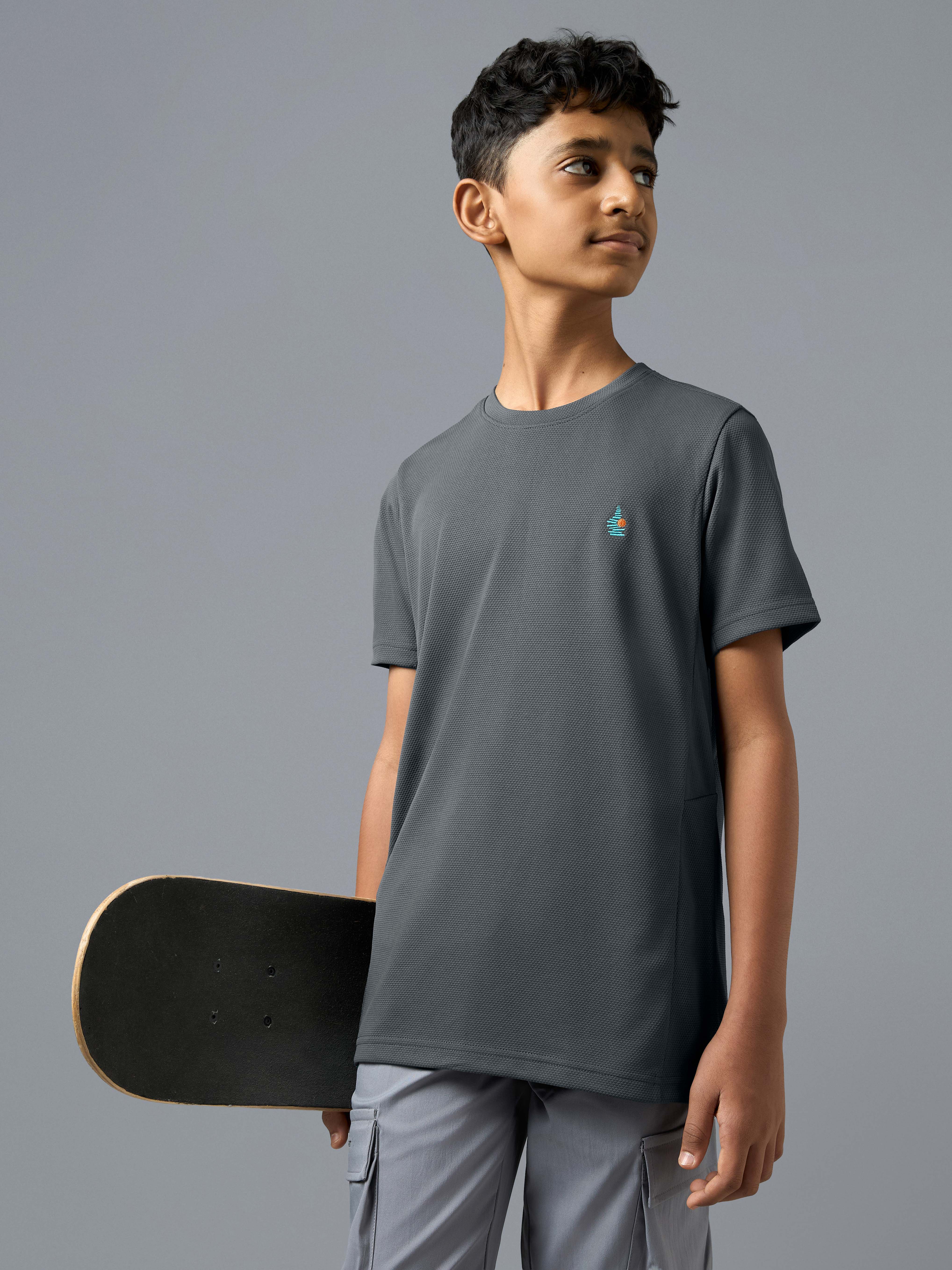 Boys Solid Regular Fit Round Neck Sports T-shirt with TECHNOCOOL+