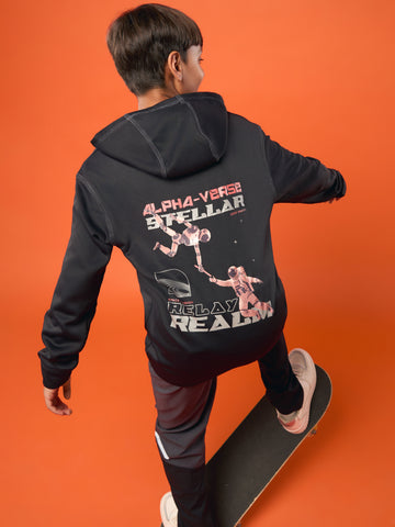 Boys Back Printed Slim Fit Hooded Sports Sweatshirt with TECHNO WARM+