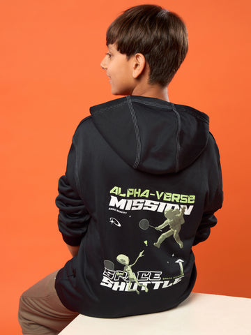 Boys Back Printed Slim Fit Hooded Sports Sweatshirt with TECHNO WARM+