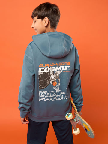 Boys Back Printed Slim Fit Hooded Sports Sweatshirt with TECHNO WARM+