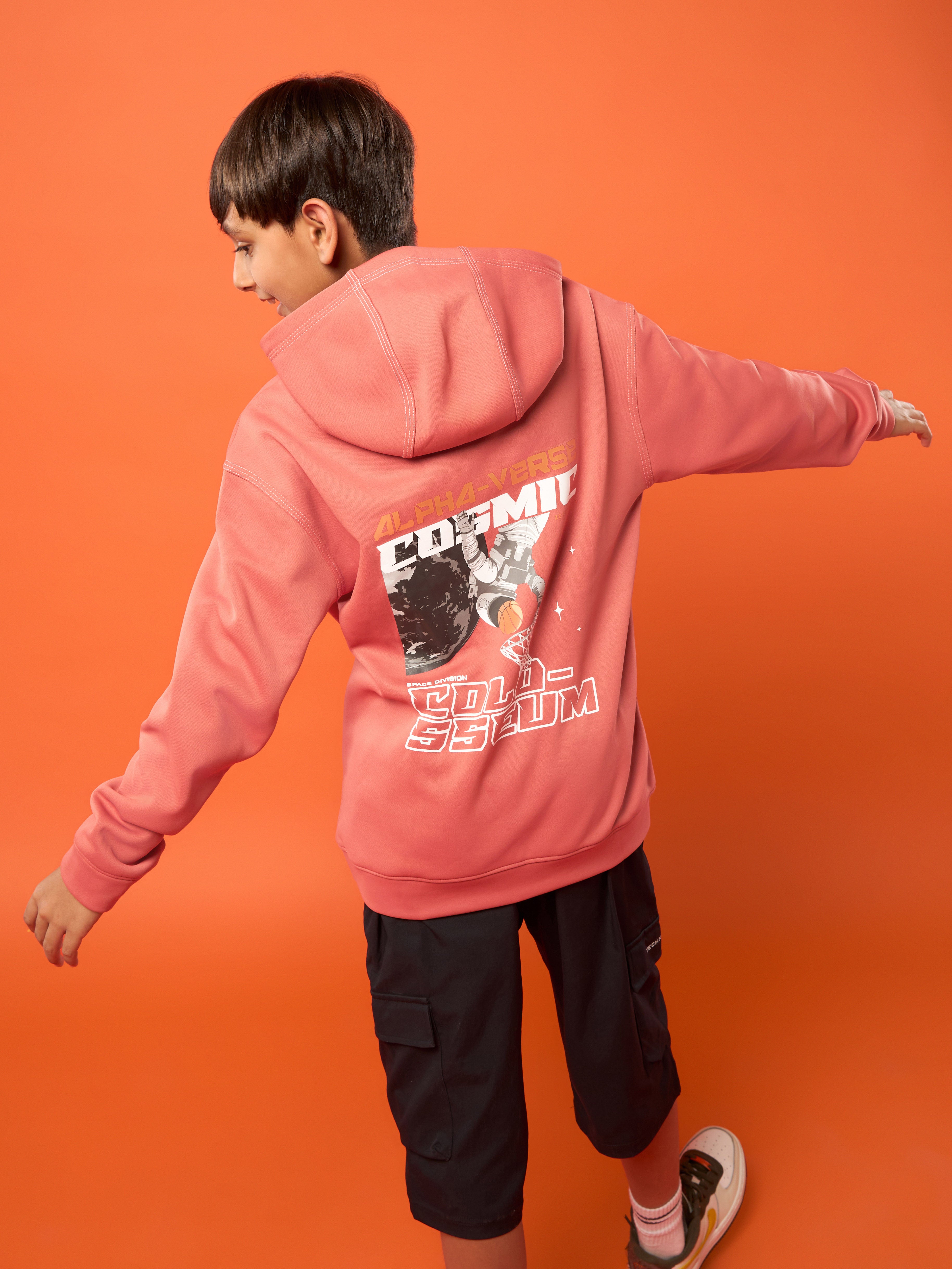 Boys Back Printed Slim Fit Hooded Sports Sweatshirt with TECHNO WARM+