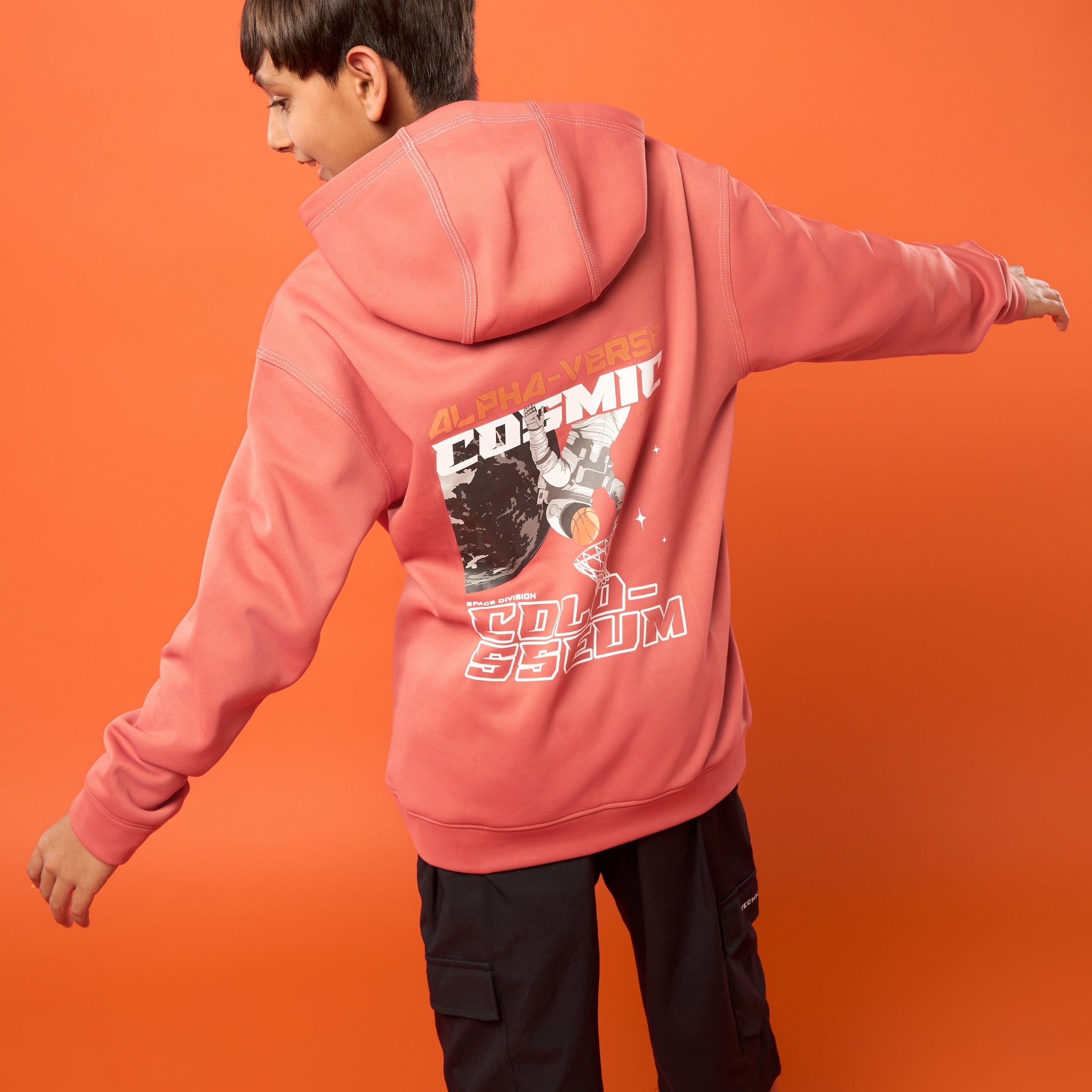 Boys Back Printed Slim Fit Hooded Sports Sweatshirt with TECHNO WARM+