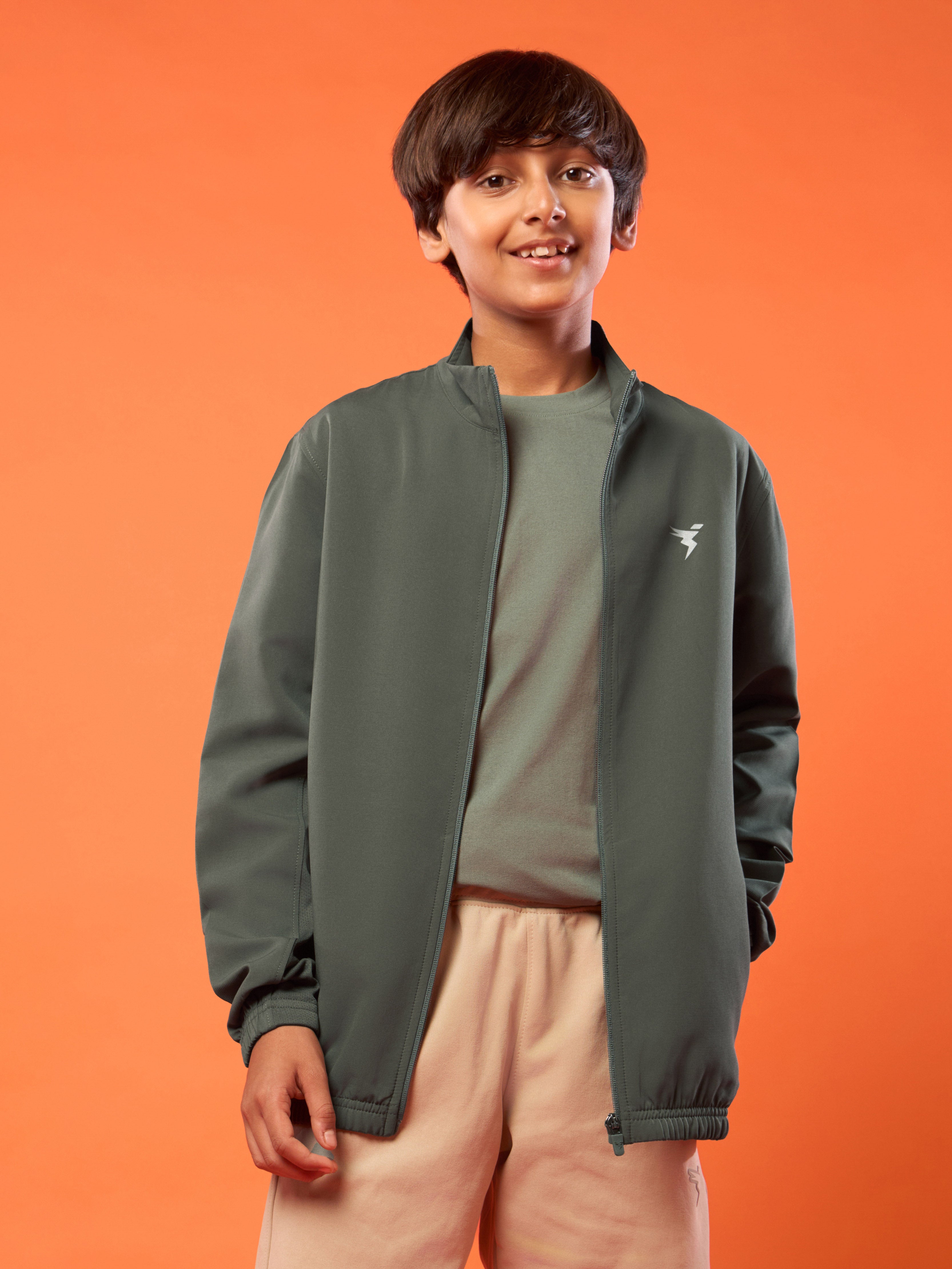 Boys Solid Slim Fit Mock Neck Sports Jacket with TECHNOLITE
