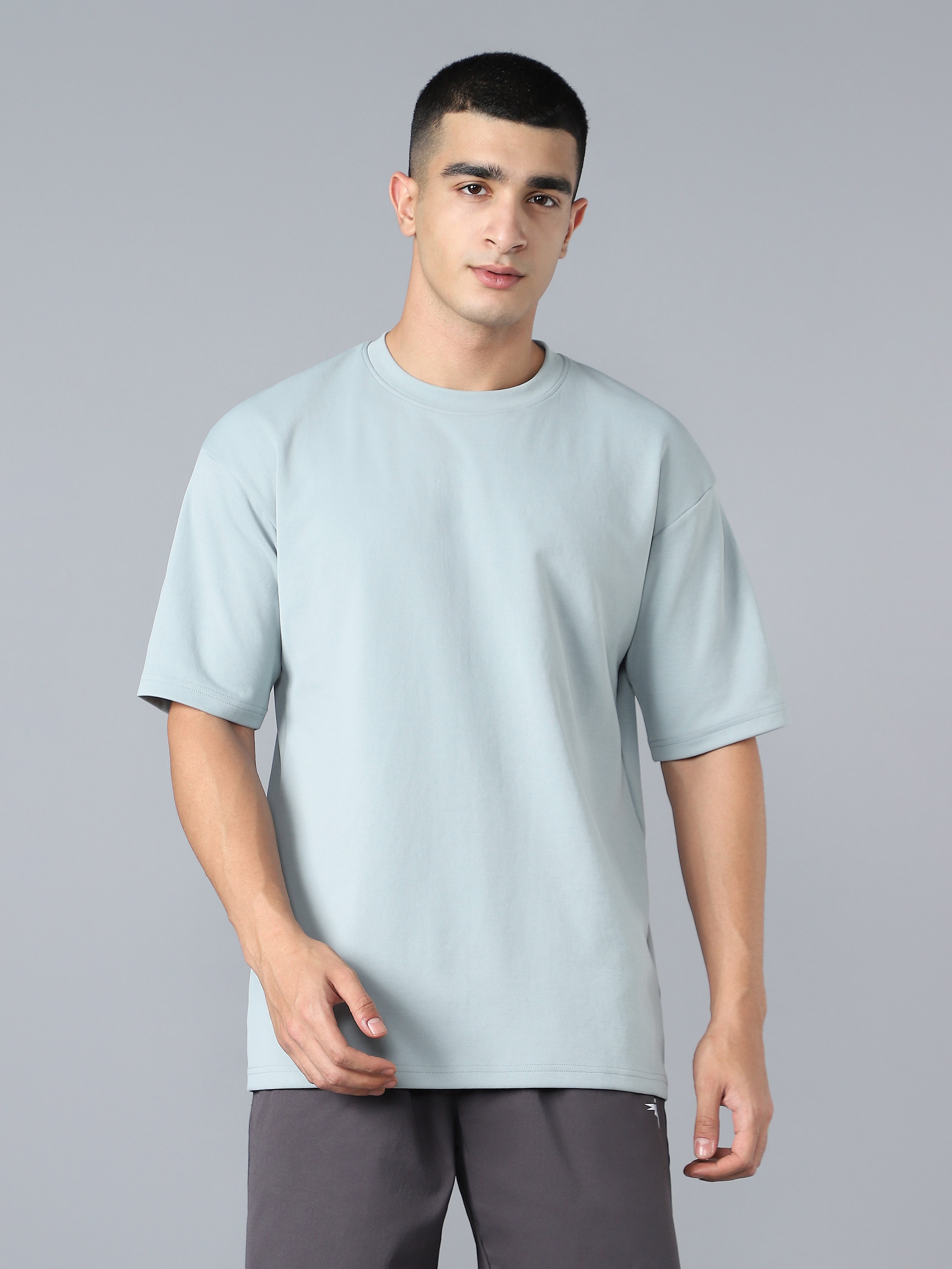 Men Solid  Oversized Crew Neck T-shirt with ELASTO PLUS