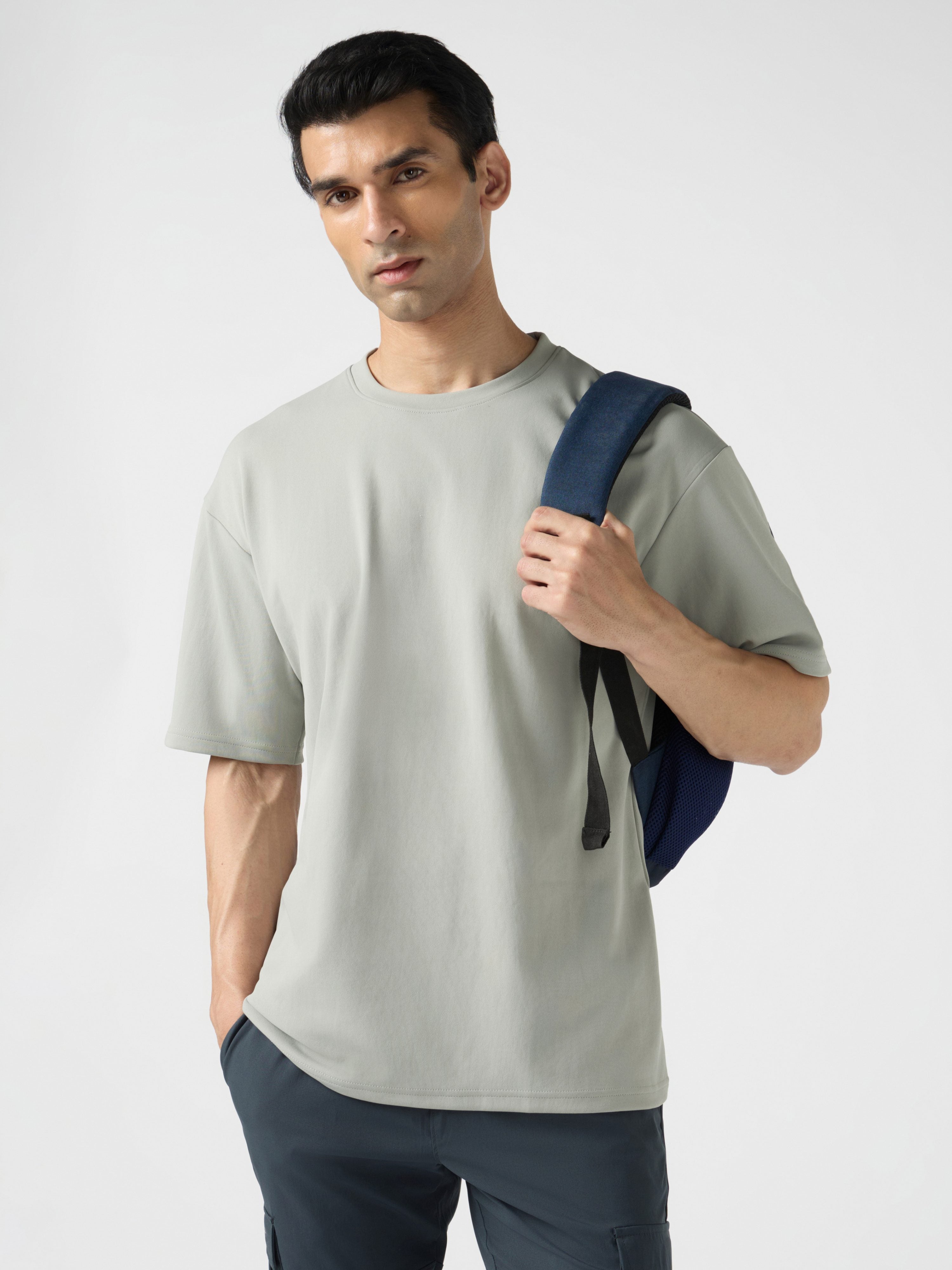 Men Solid  Oversized Crew Neck T-shirt with ELASTO PLUS