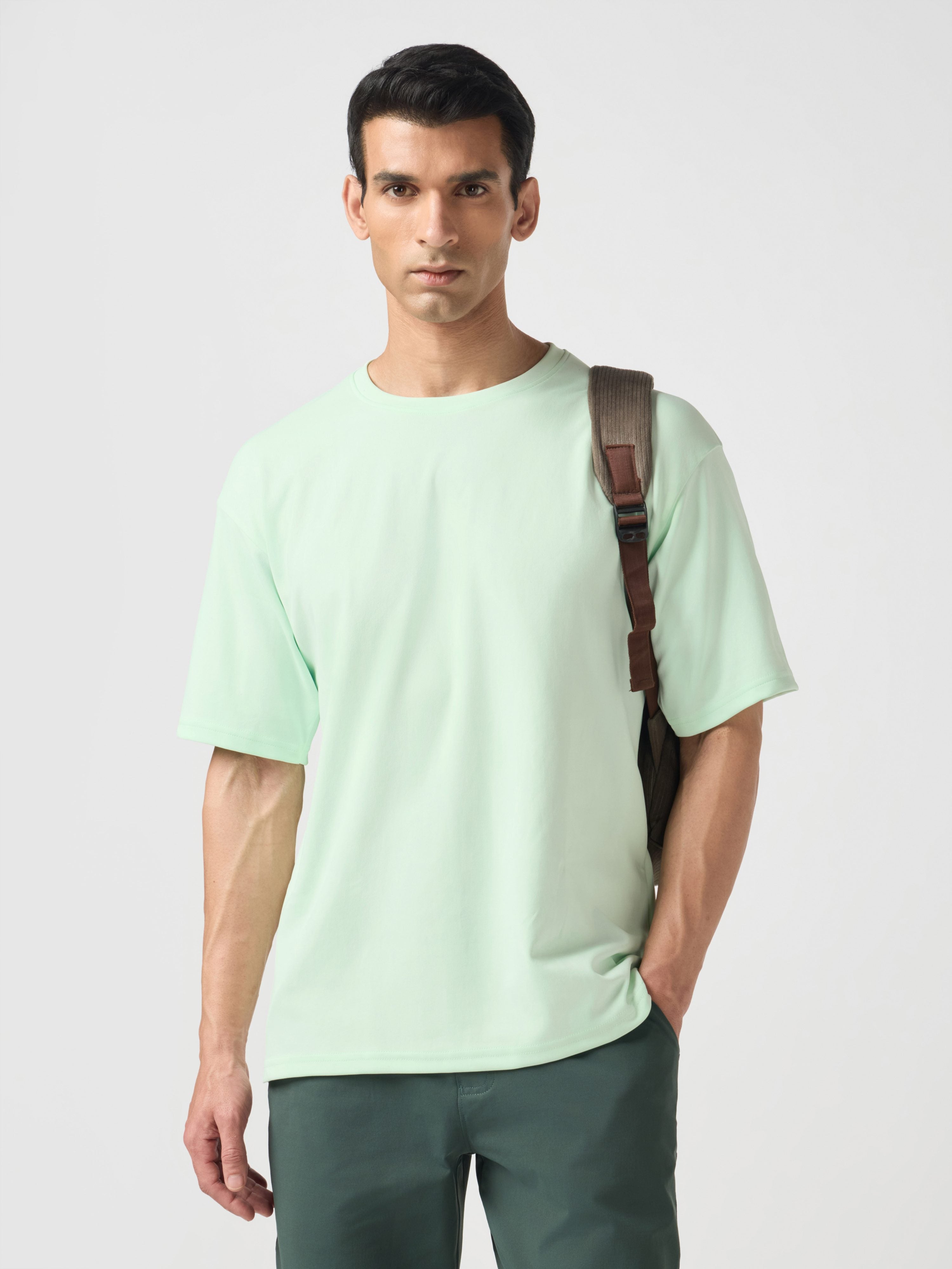 Men Solid  Oversized Crew Neck T-shirt with ELASTO PLUS