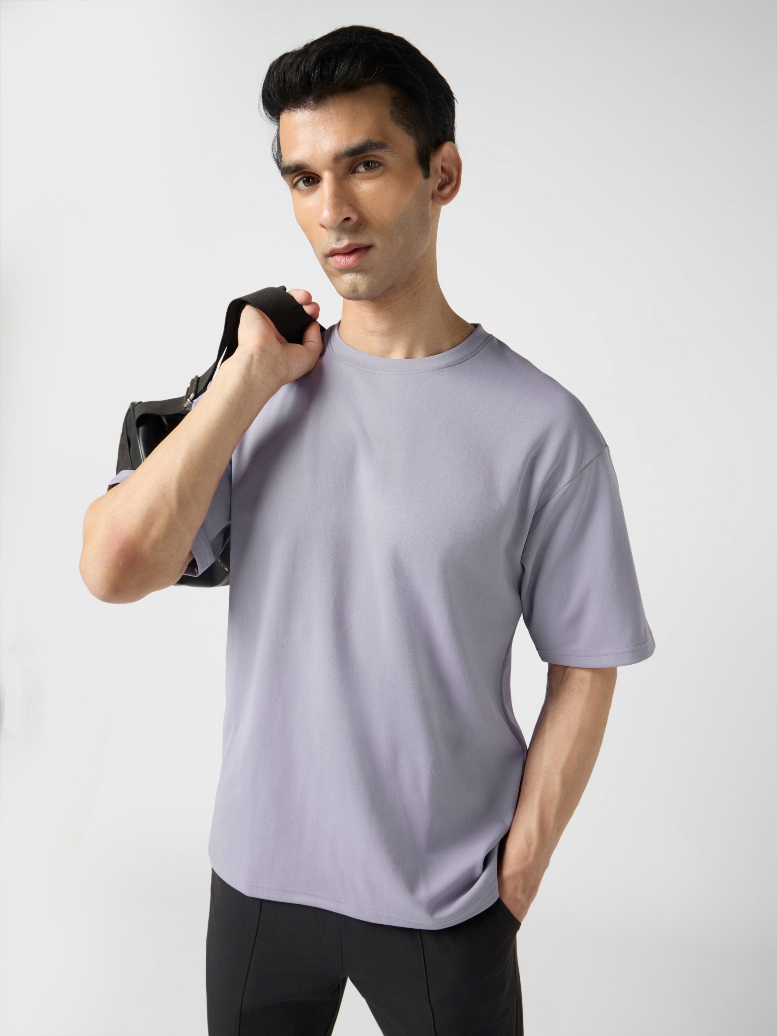 Men Solid  Oversized Crew Neck T-shirt with ELASTO PLUS