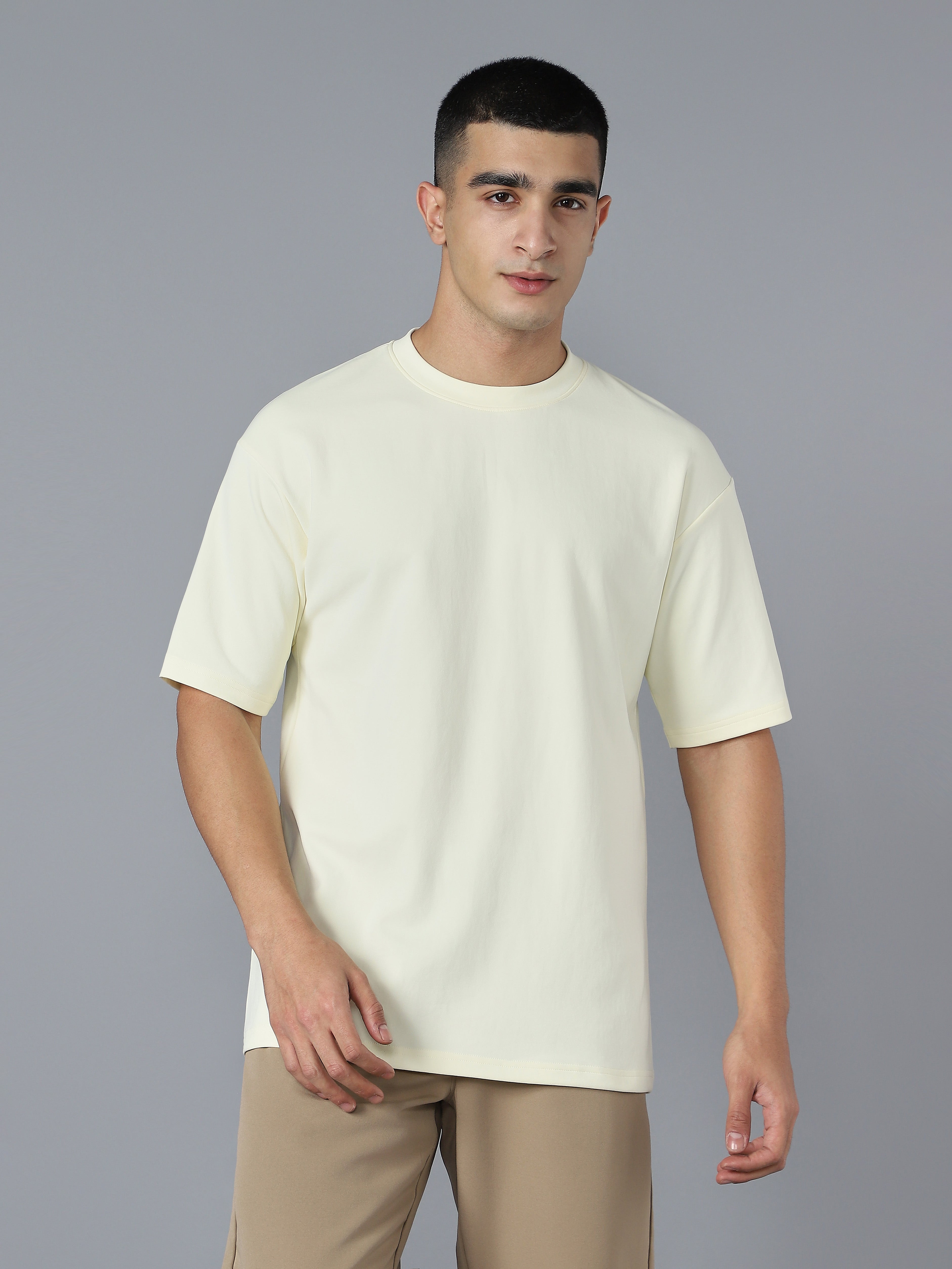 Men Solid  Oversized Crew Neck T-shirt with ELASTO PLUS