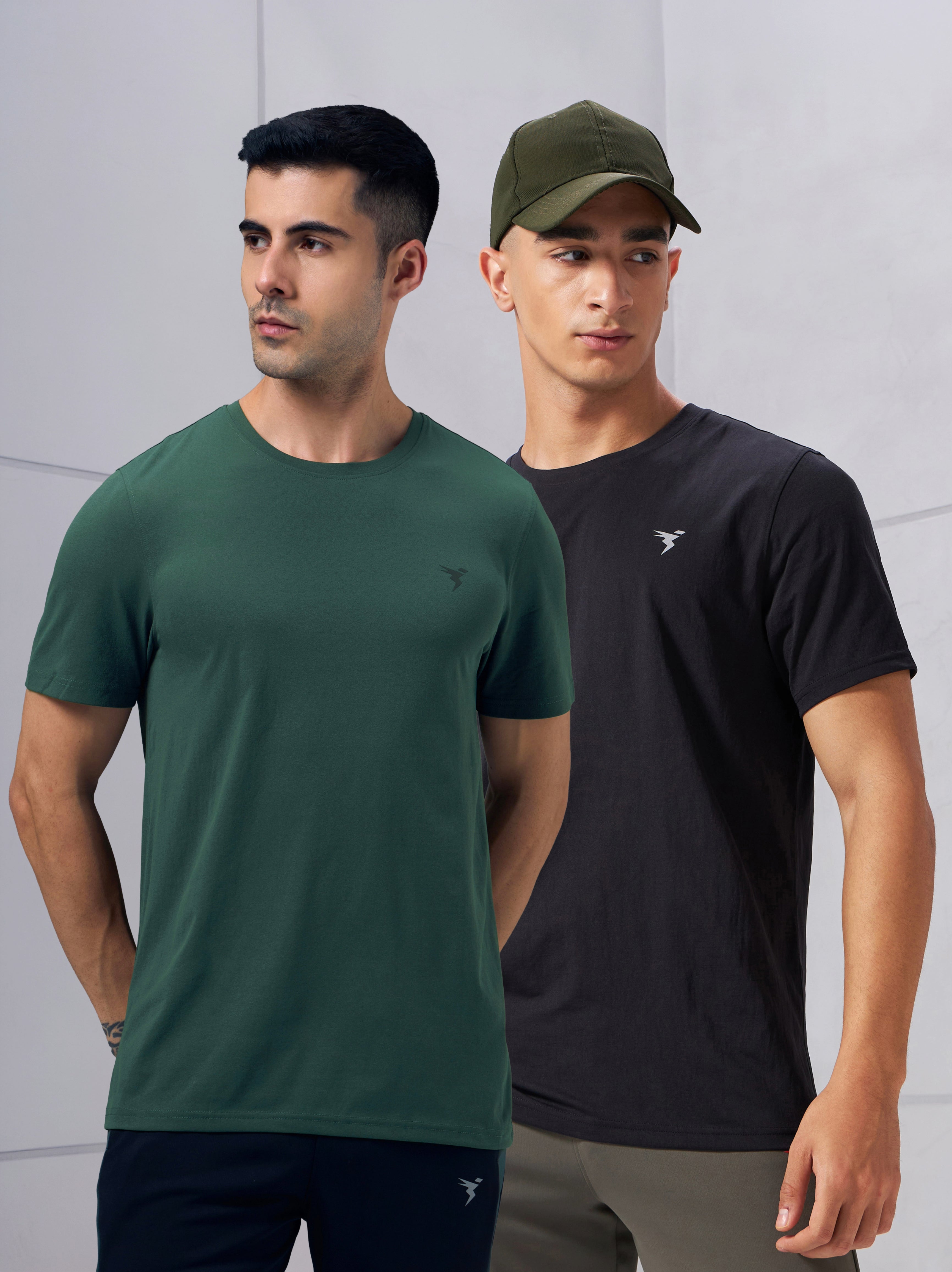 Men Solid Slim Fit pack of 2 Crew Neck T-shirt with COTFLEX