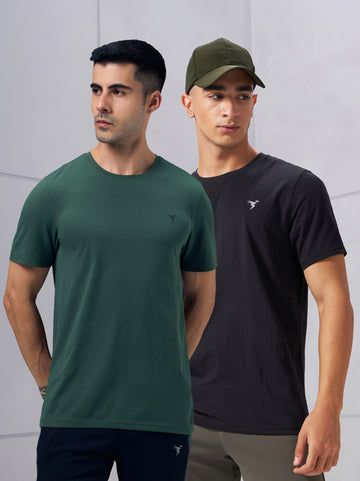 Men Solid Slim Fit pack of 2 Crew Neck T-shirt with COTFLEX