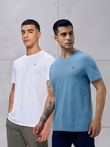 Men Solid Slim Fit pack of 2 Crew Neck T-shirt with COTFLEX