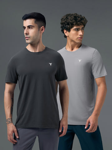 Men Solid Slim Fit pack of 2 Crew Neck T-shirt with COTFLEX