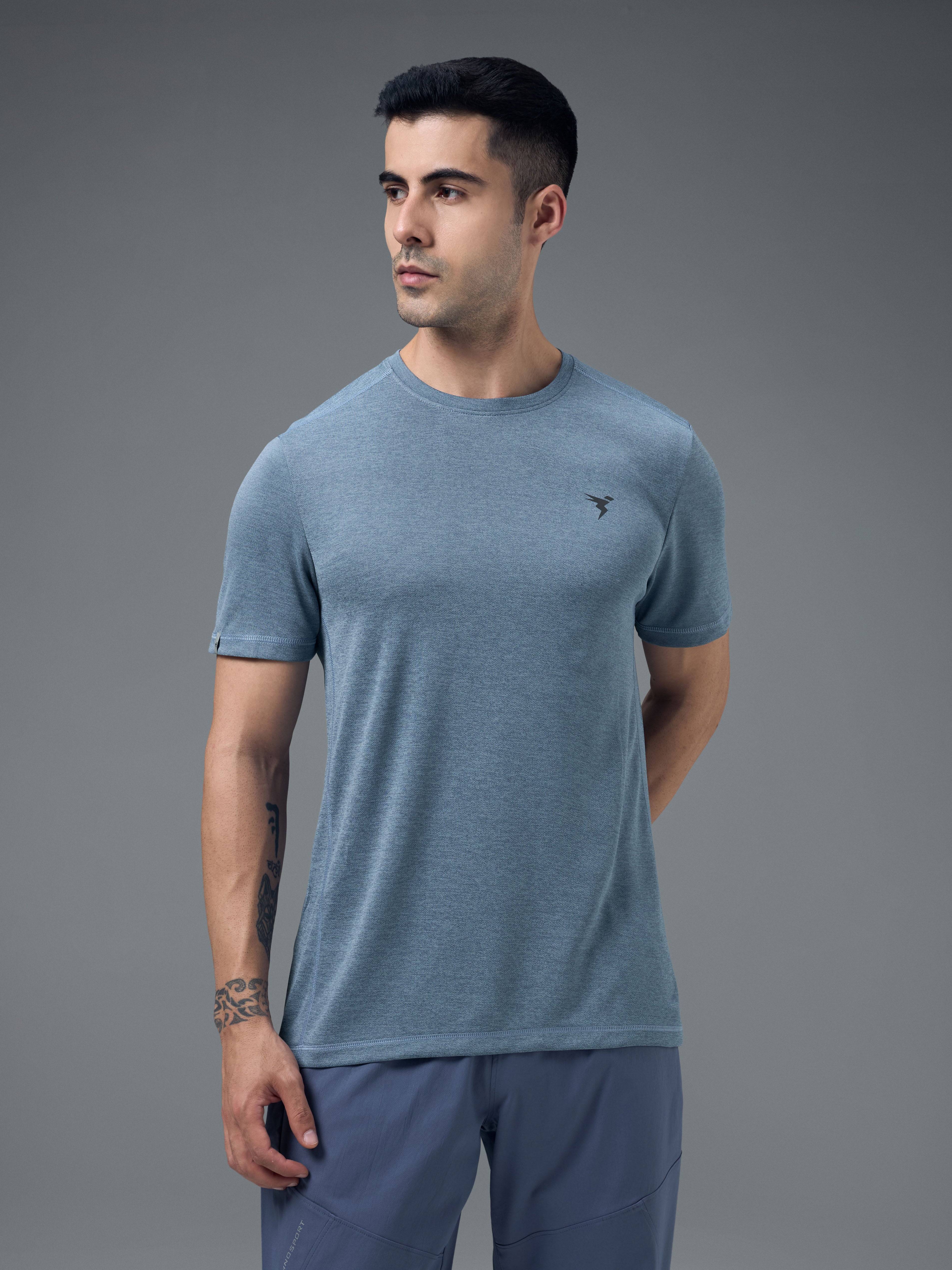 Men Solid Slim Fit Crew Neck T-shirt with DOUBLE COOL