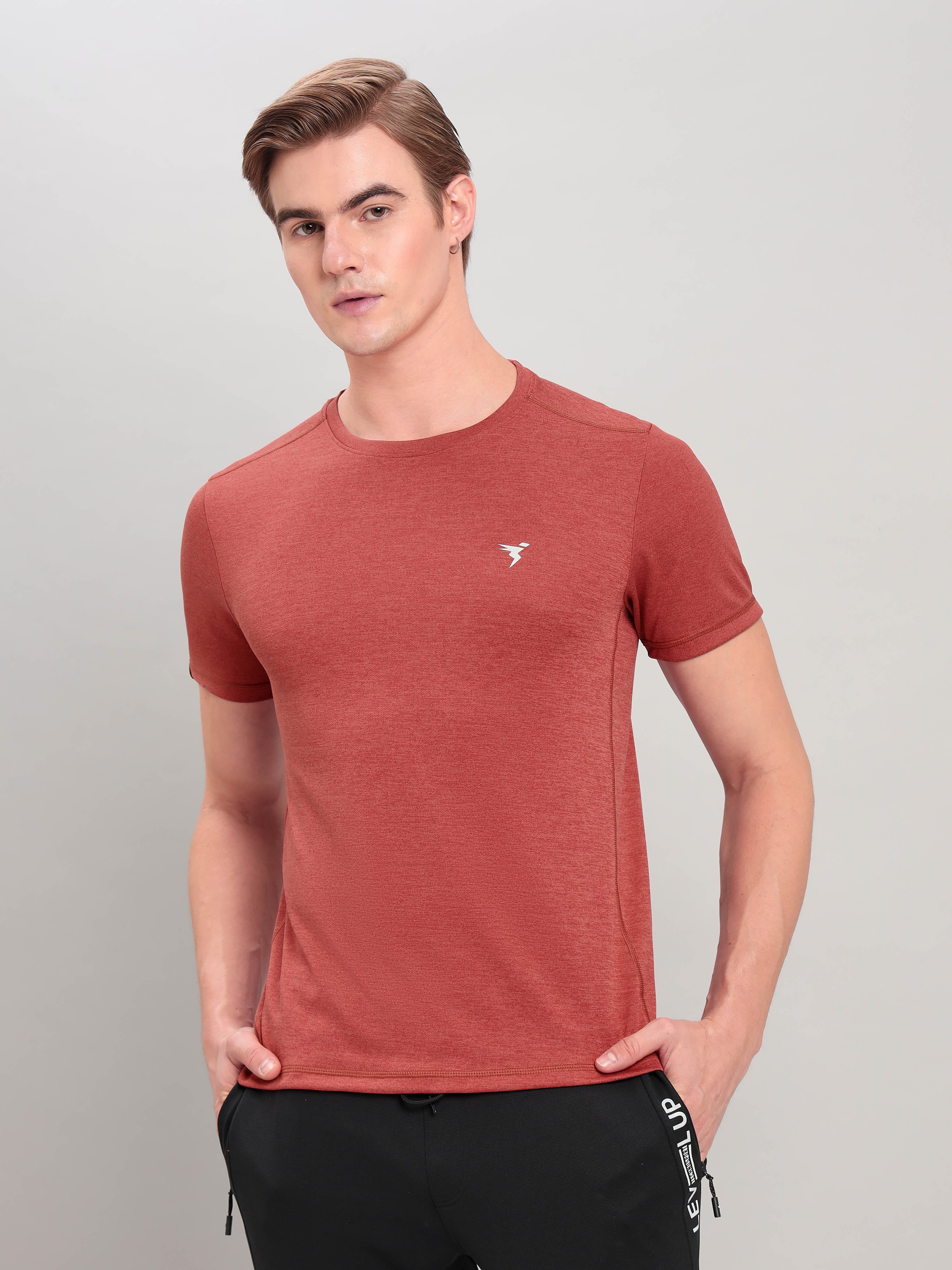 Men Solid Slim Fit Crew Neck T-shirt with DOUBLE COOL