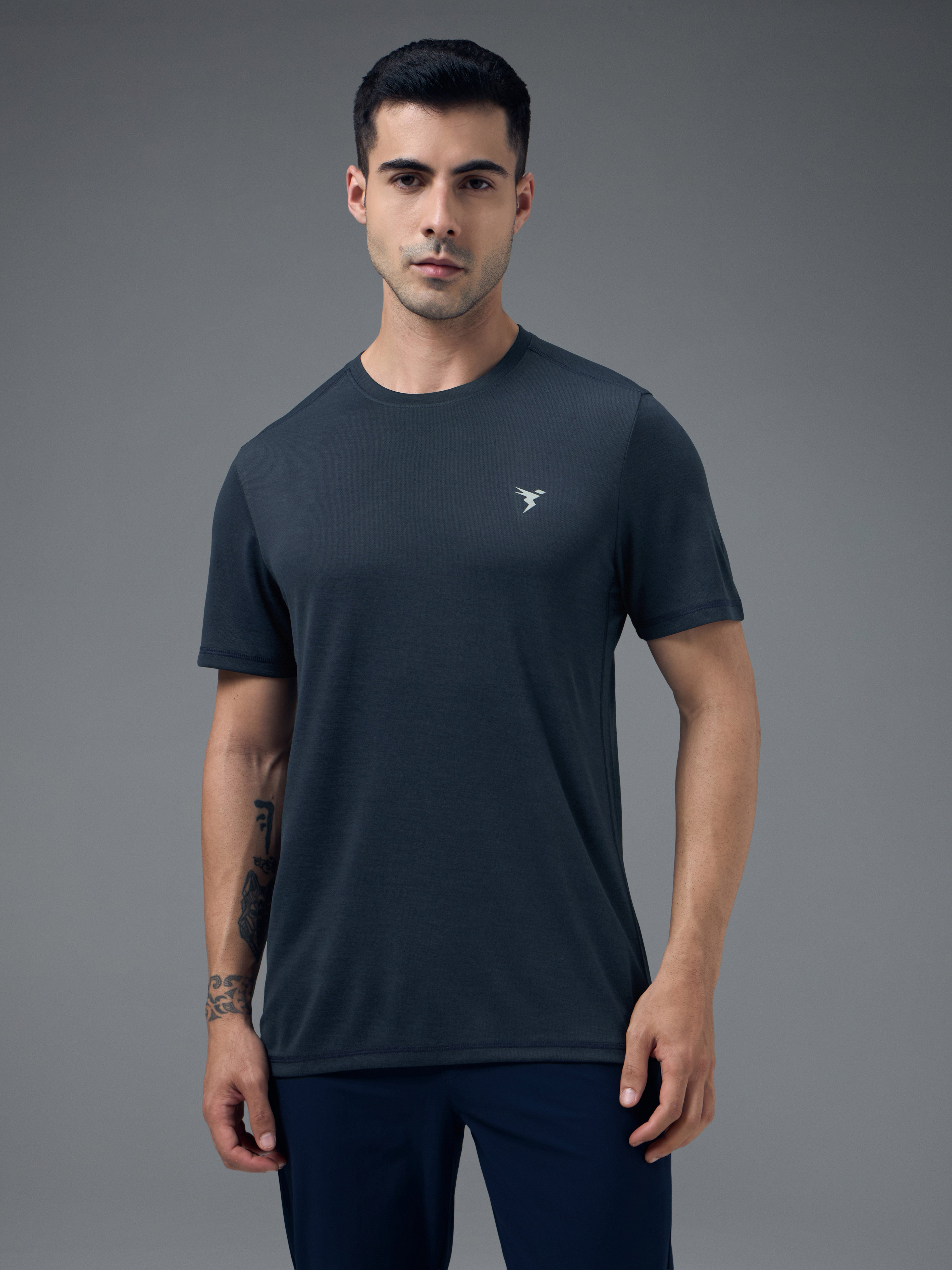 Men Solid Slim Fit Crew Neck T-shirt with DOUBLE COOL