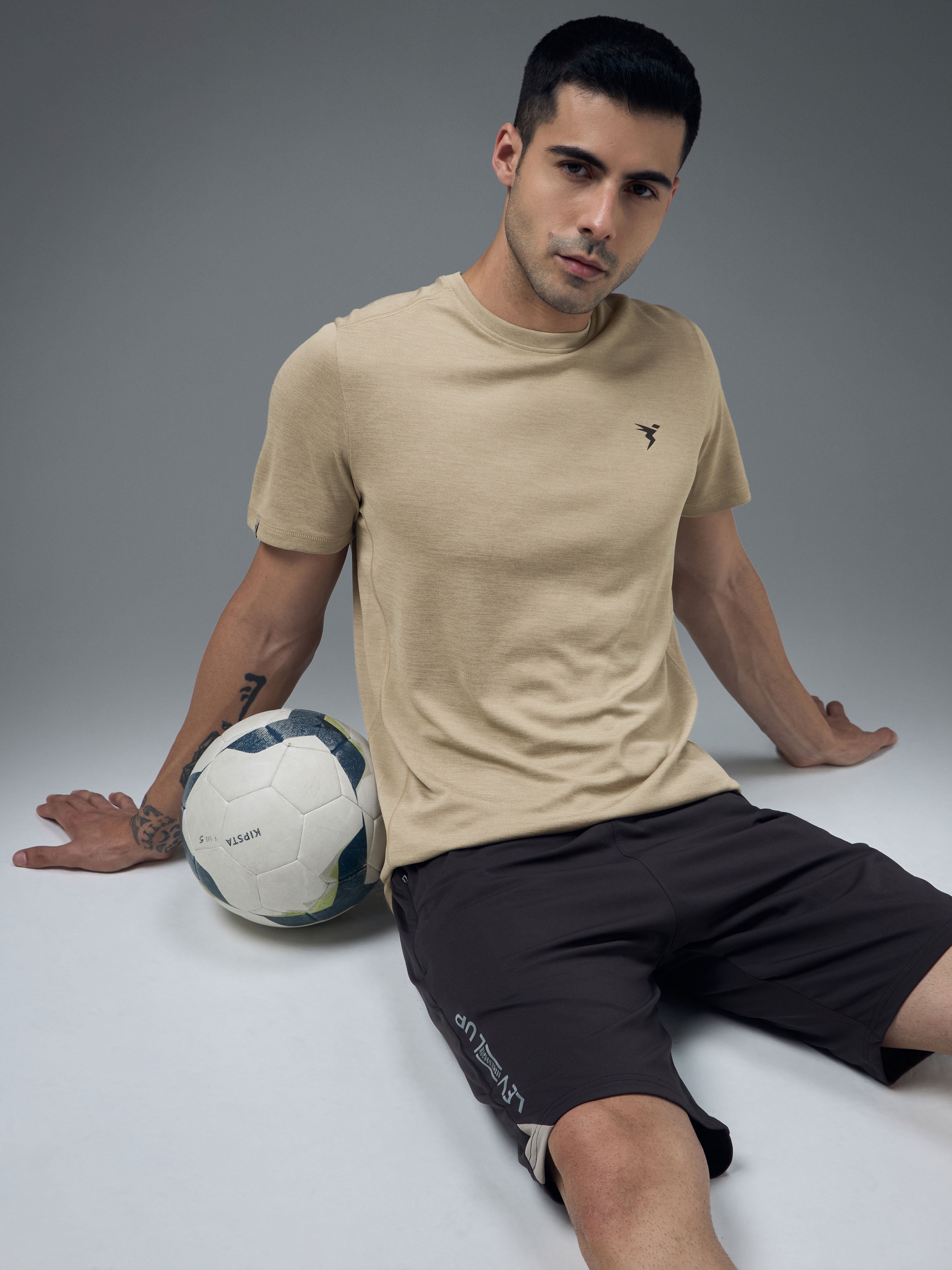 Men Solid Slim Fit Crew Neck T-shirt with DOUBLE COOL