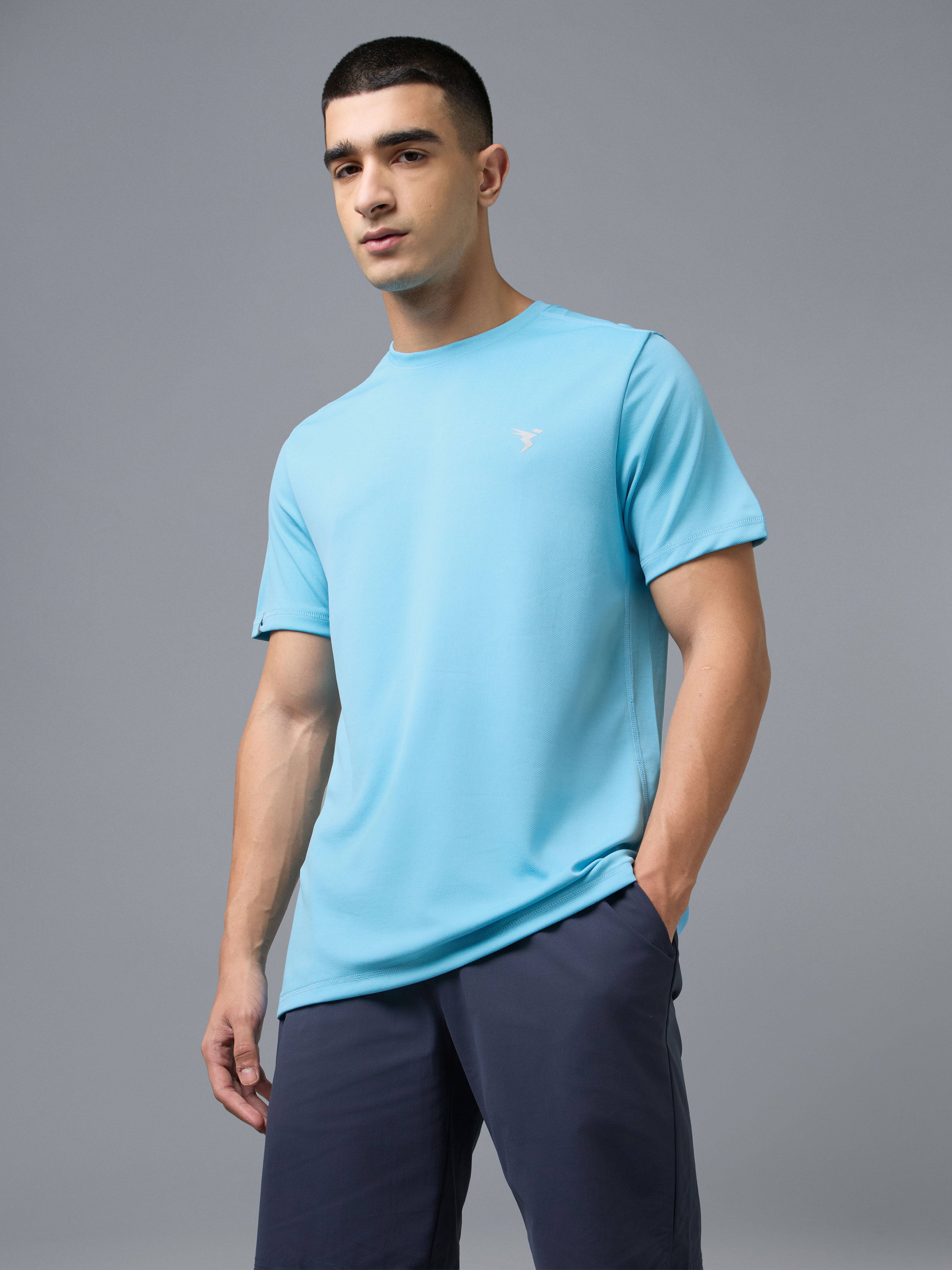 Men Solid Slim Fit Crew Neck T-shirt with DOUBLE COOL