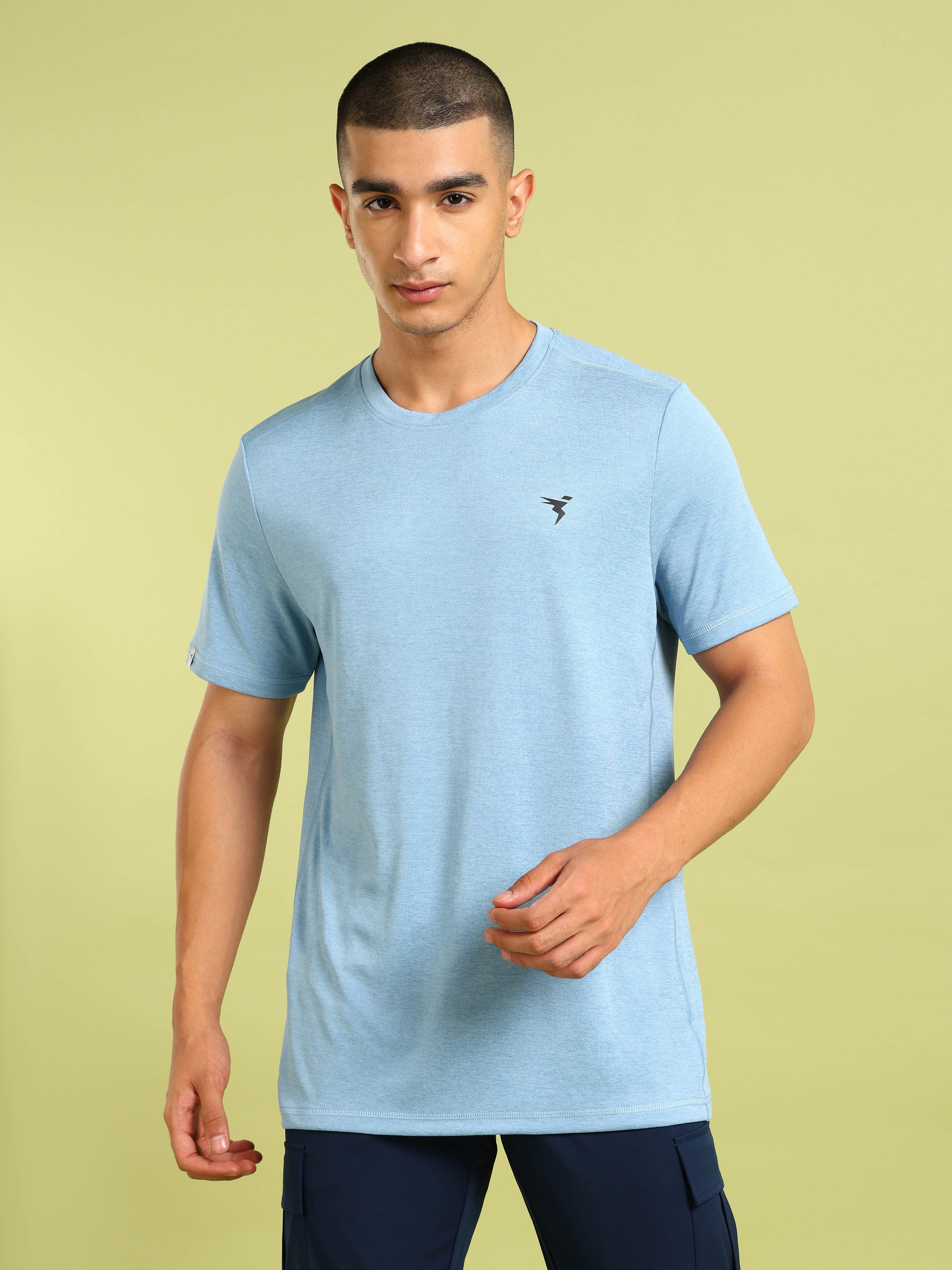 Men Solid Slim Fit Crew Neck T-shirt with DOUBLE COOL