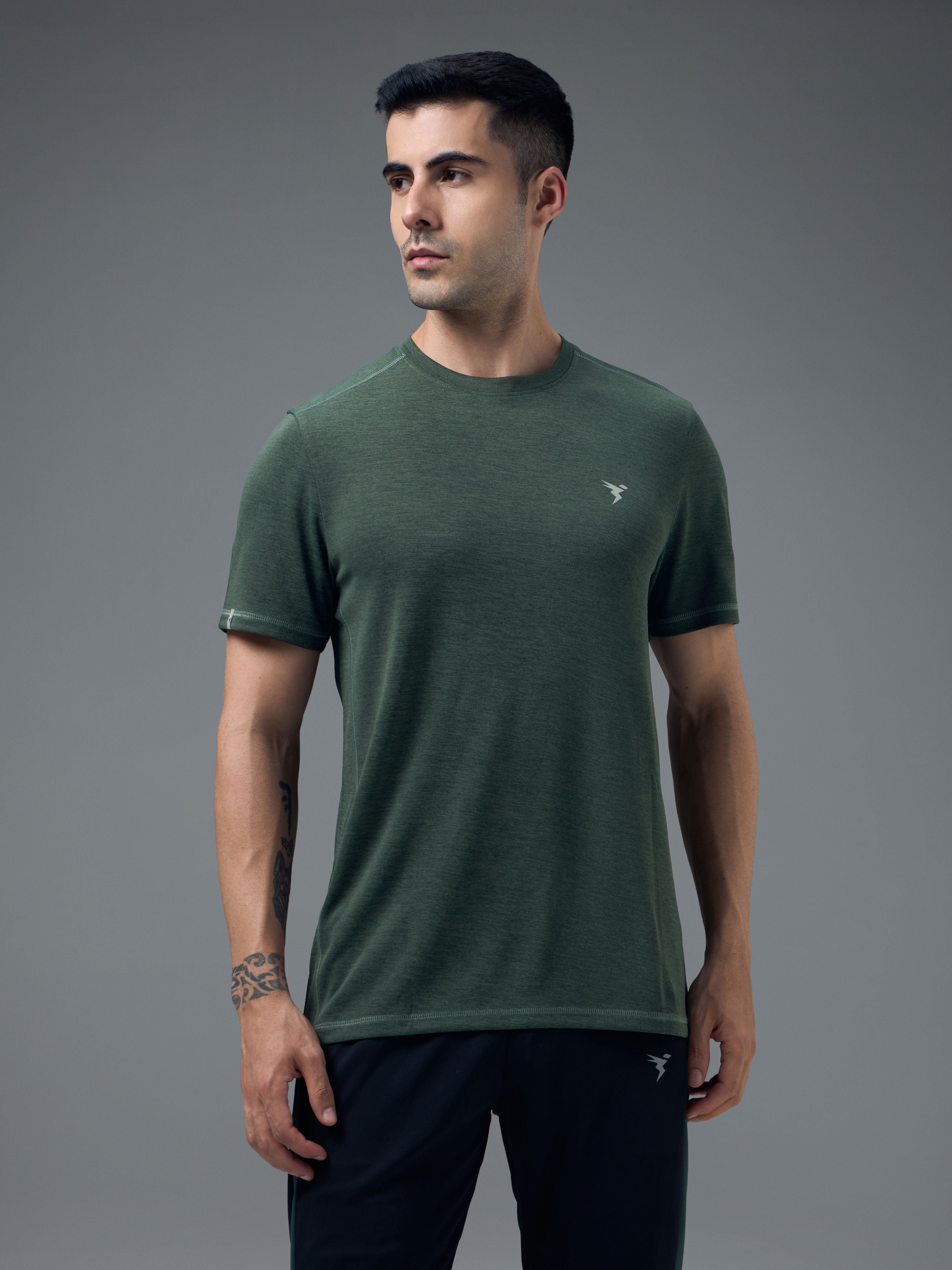 Men Solid Slim Fit Crew Neck T-shirt with DOUBLE COOL