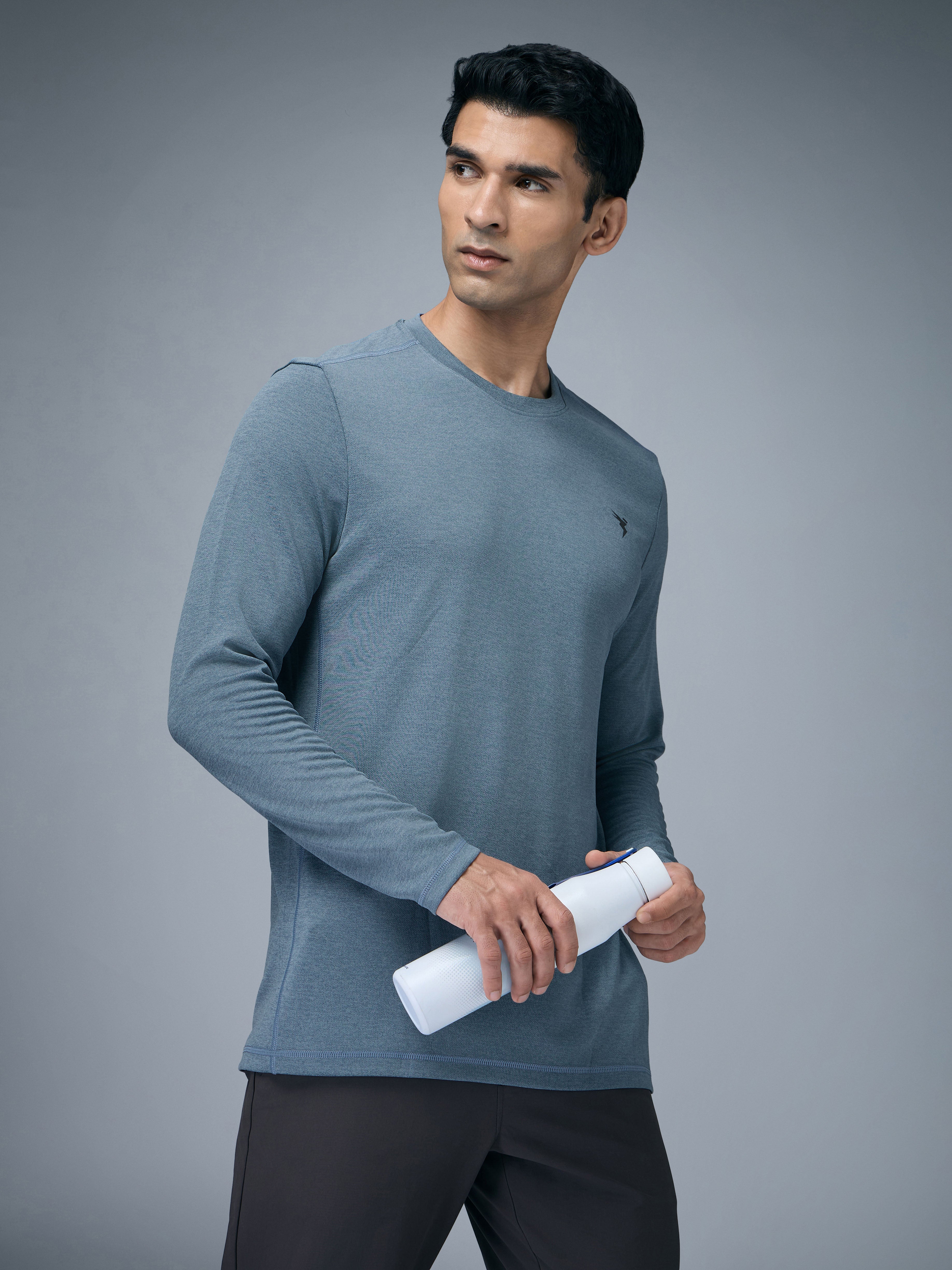 Men Melange Slim Fit Crew Neck T-shirt with DOUBLE COOL