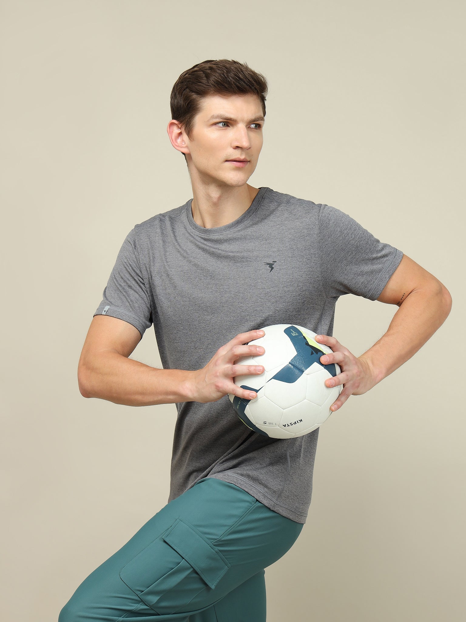 Men Melange Slim Fit Crew Neck T-shirt with DOUBLE COOL