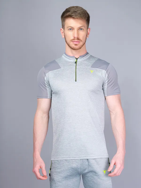 Men Melange Slim Fit Mock Neck T-shirt with DOUBLE COOL