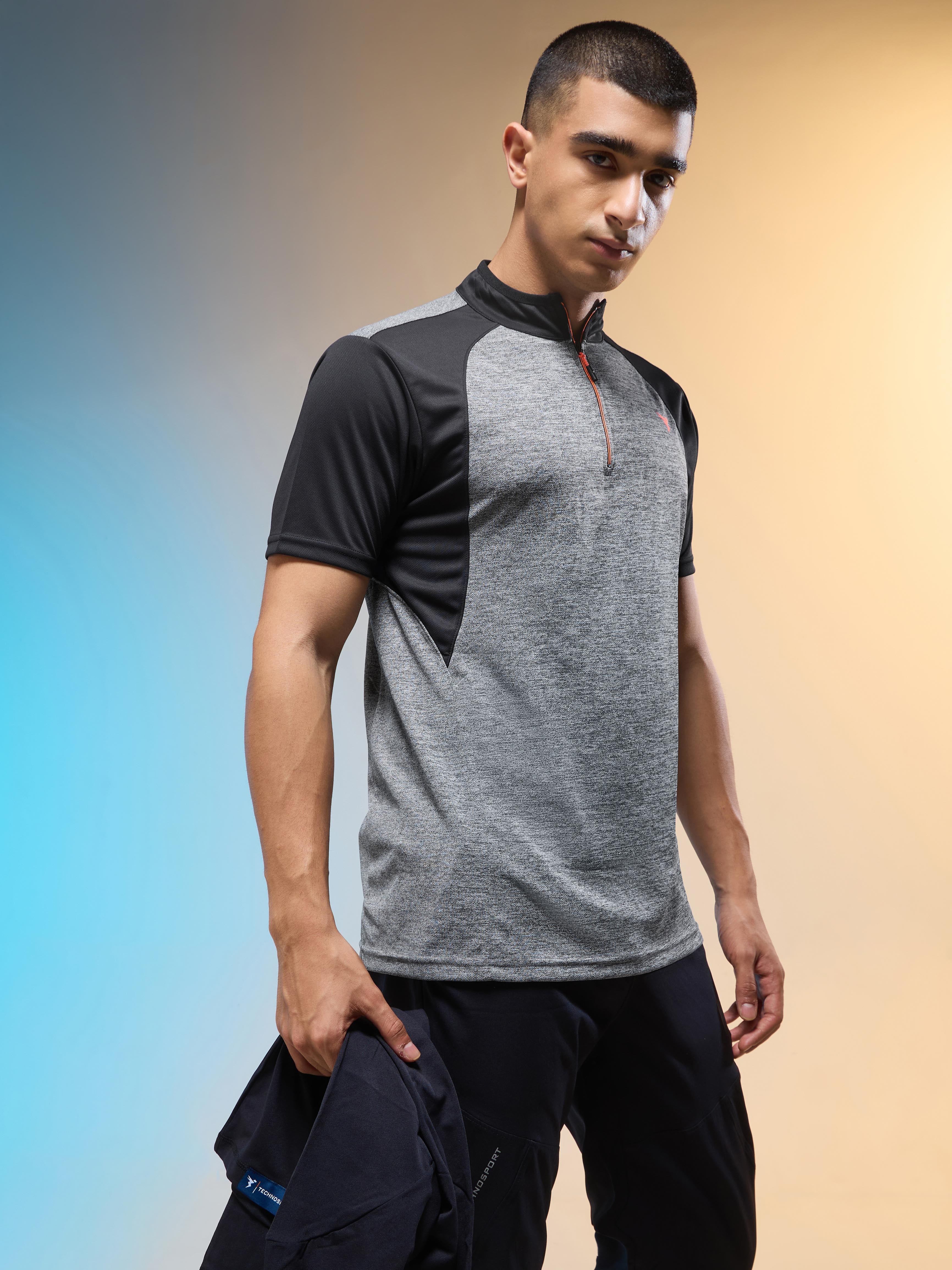 Men Melange Slim Fit Mock Neck T-shirt with TECHNO COOL+