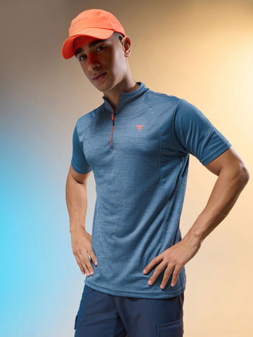 Men Melange Slim Fit Mock Neck T-shirt with TECHNO COOL+