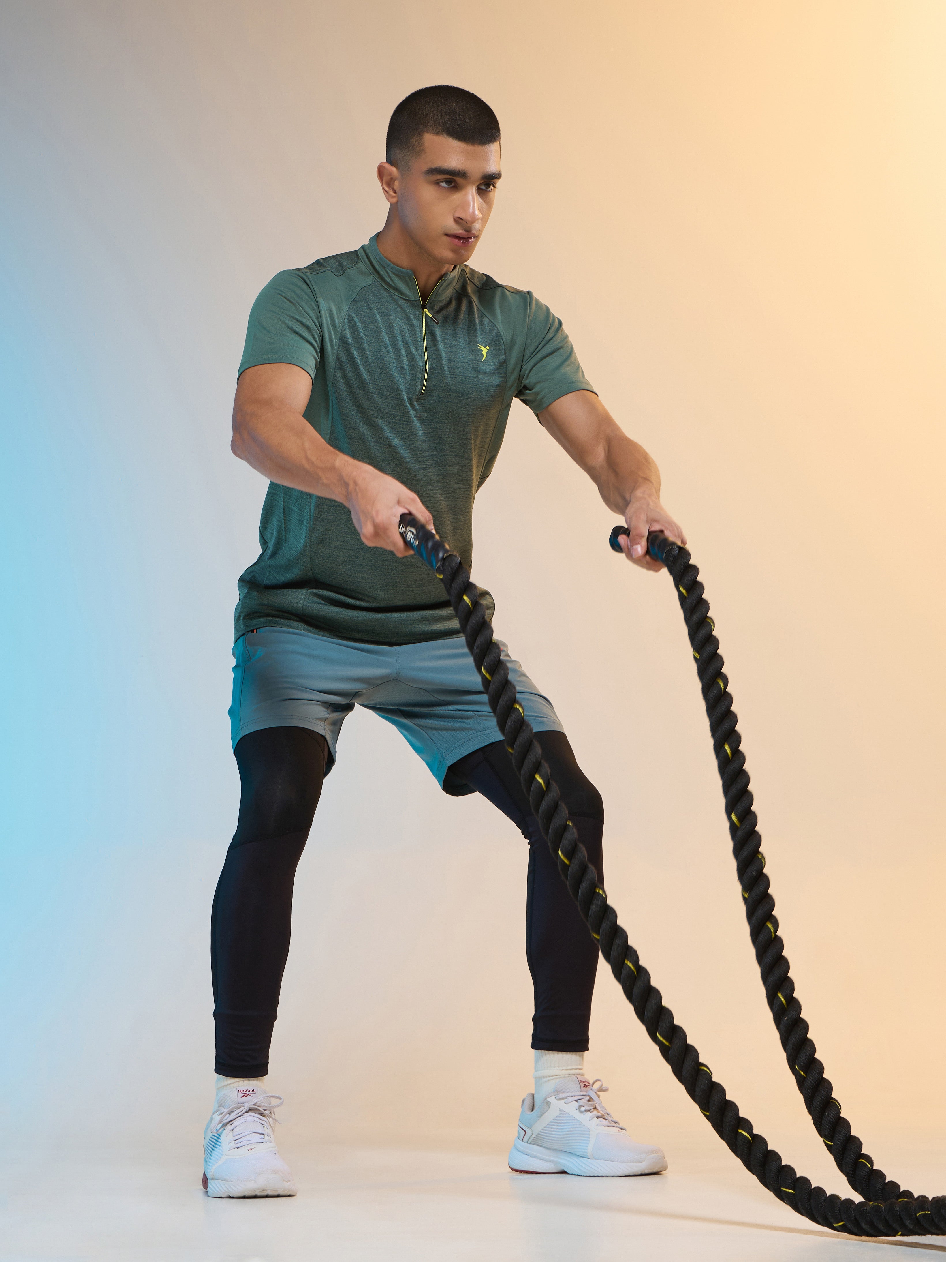 Men Melange Slim Fit Mock Neck T-shirt with TECHNO COOL+