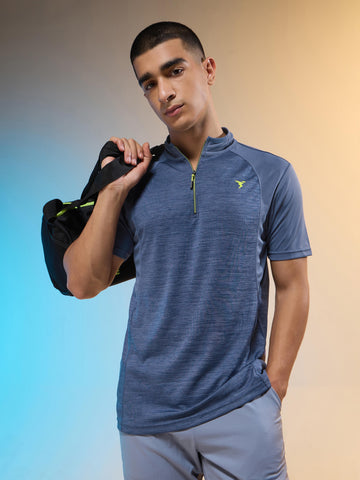 Men Melange Slim Fit Mock Neck T-shirt with TECHNO COOL+