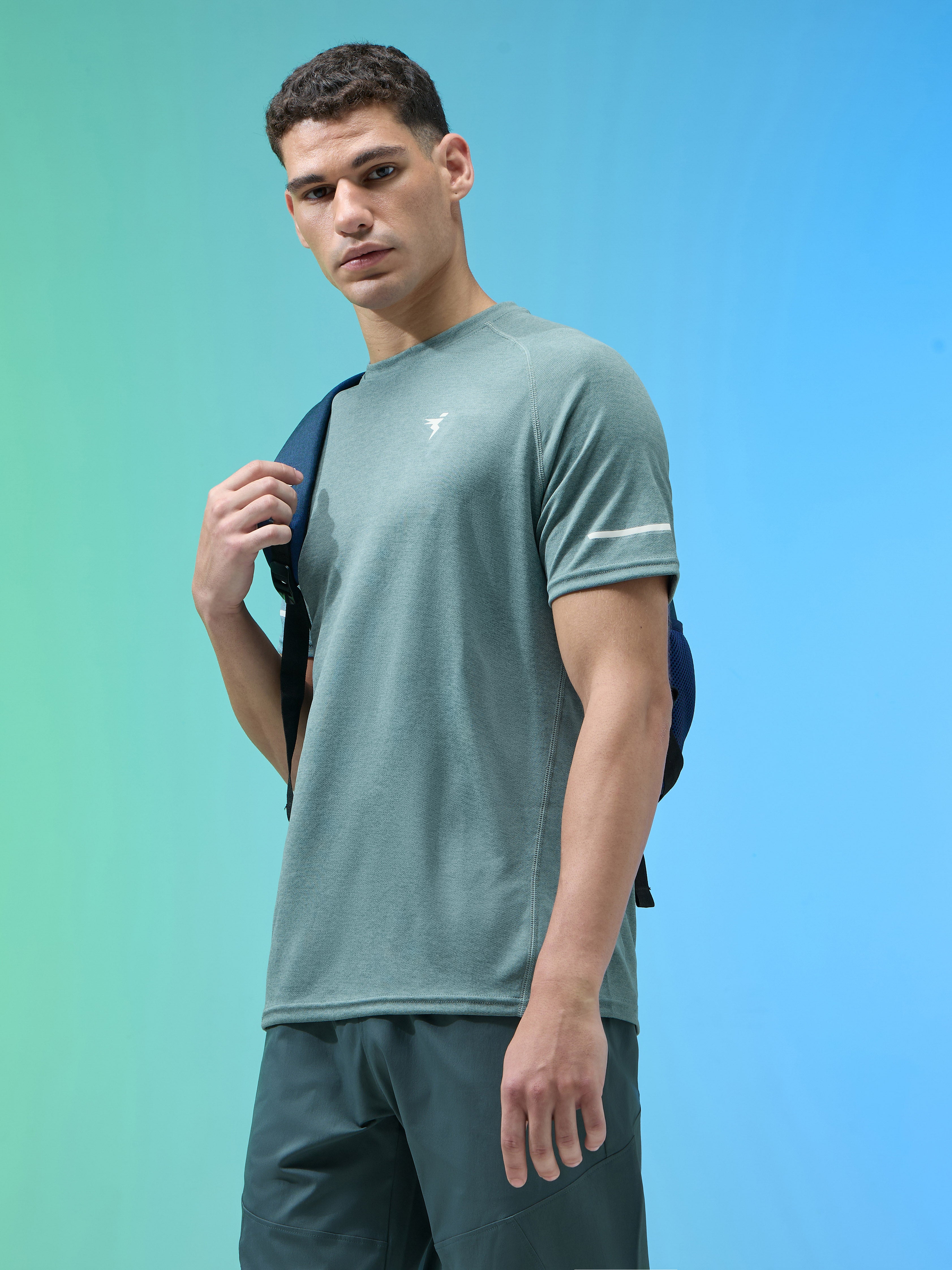 Men Melange Slim Fit Crew Neck T-shirt with DOUBLECOOL