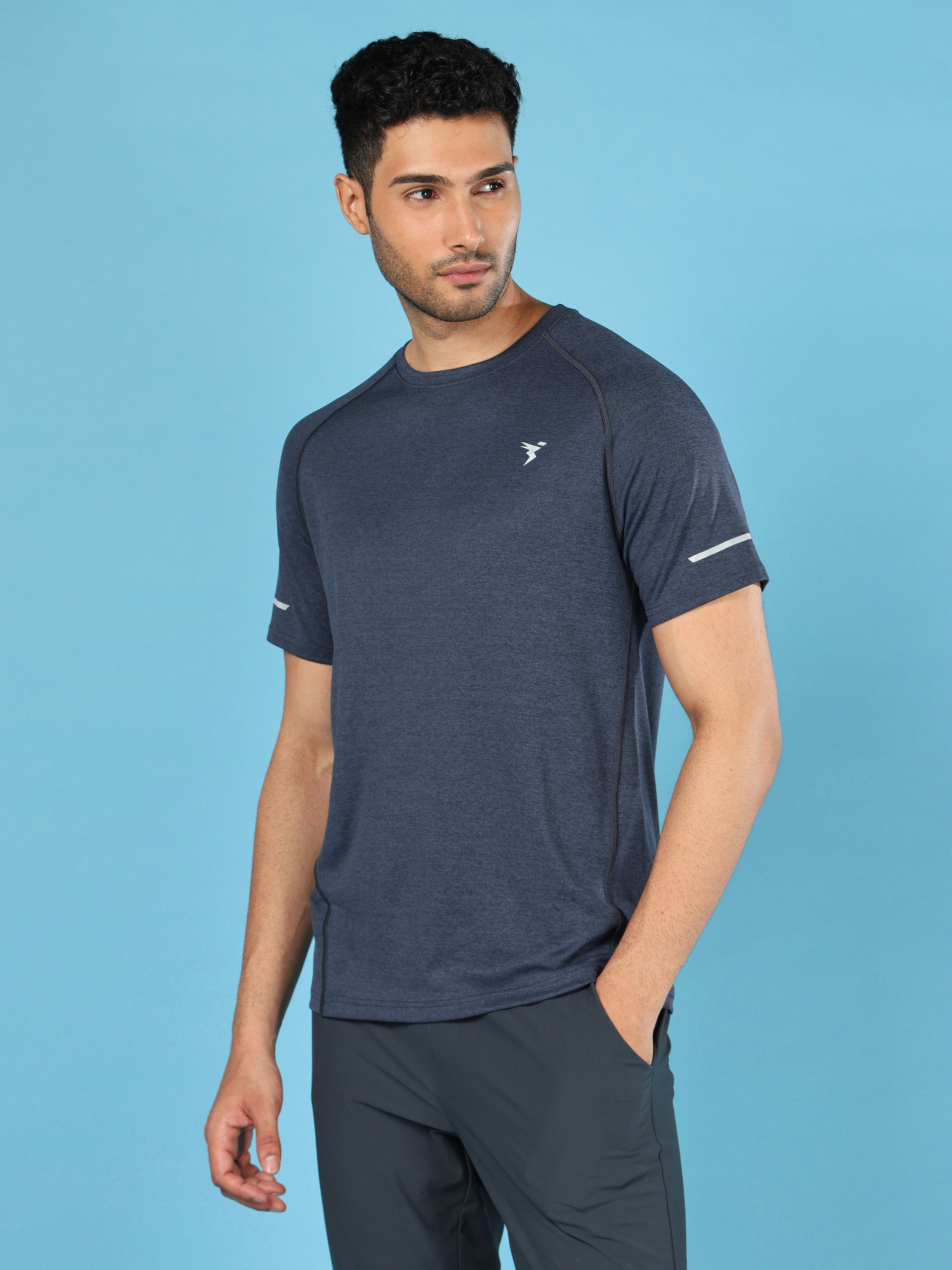 Men Melange Slim Fit Crew Neck T-shirt with DOUBLECOOL